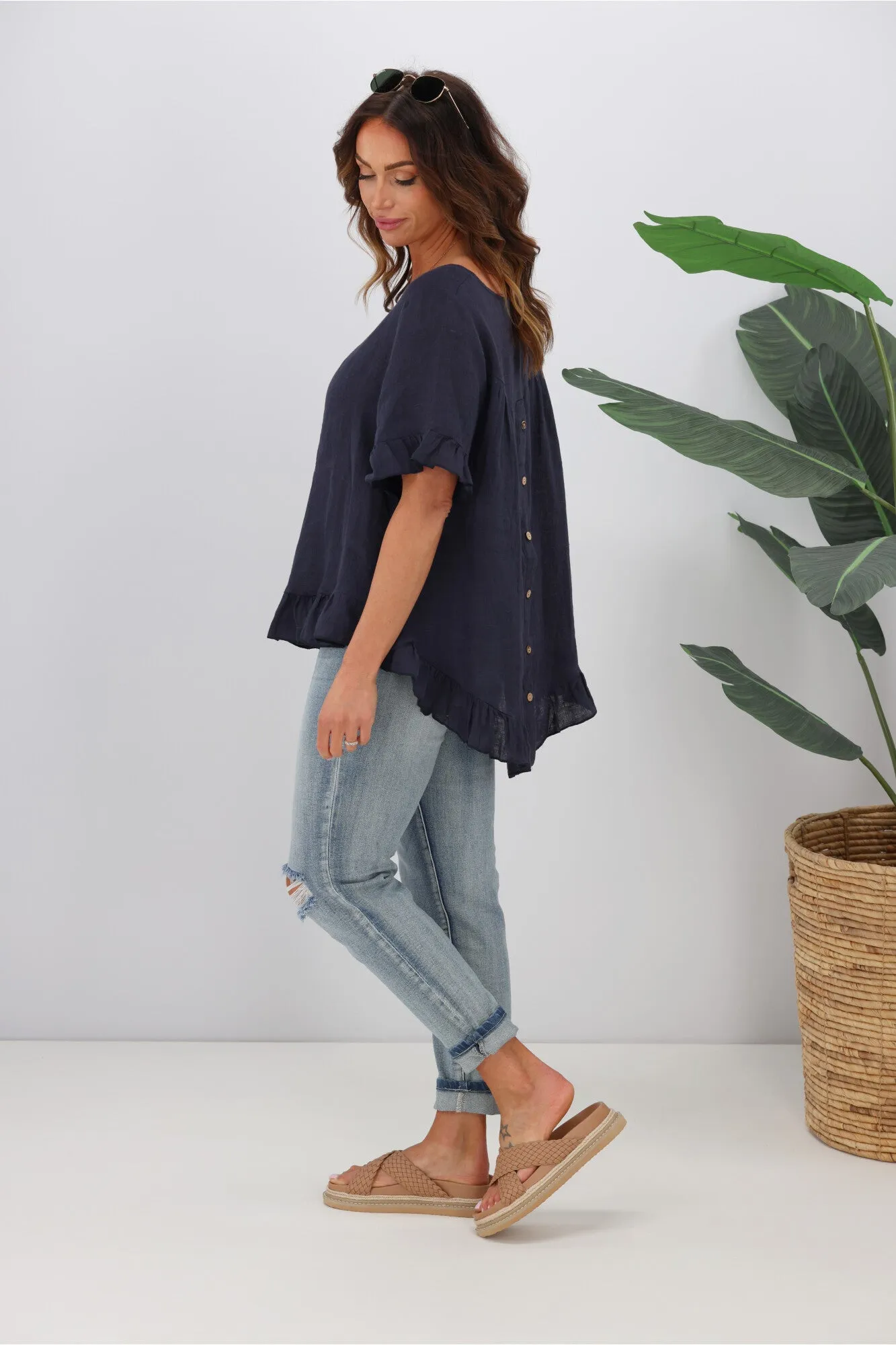 Cali & Co Frill Linen Top Navy