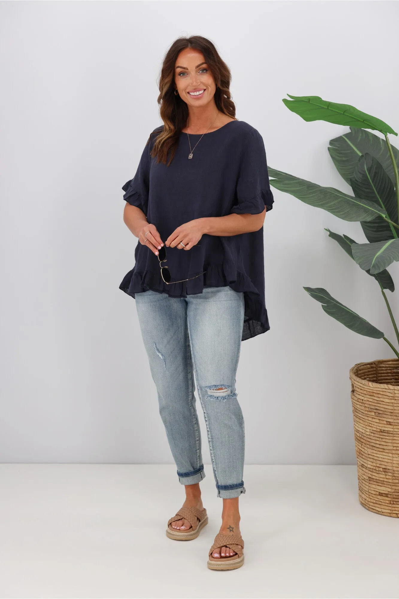 Cali & Co Frill Linen Top Navy