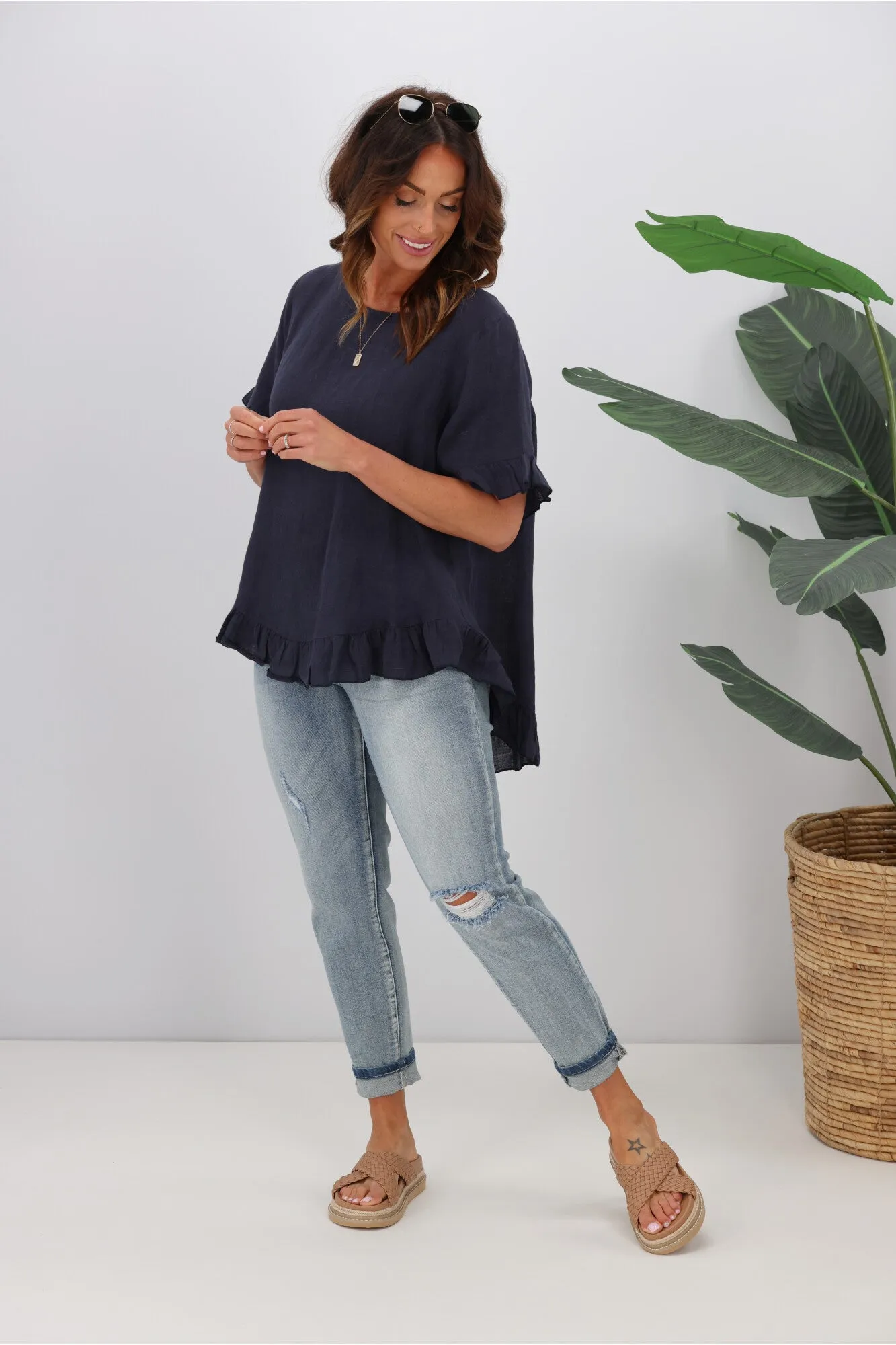 Cali & Co Frill Linen Top Navy