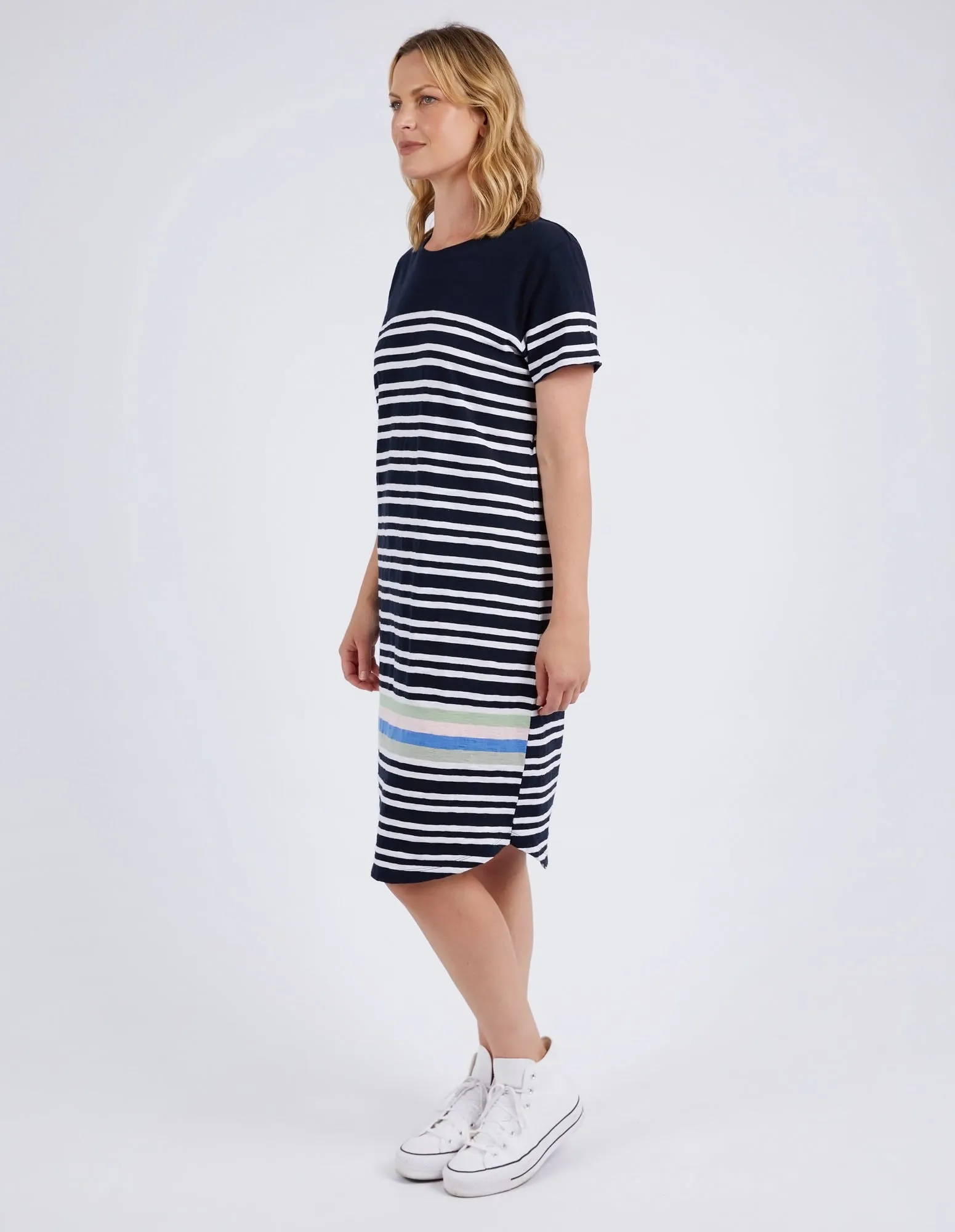 Elm Aligner Tee Dress Navy and White Stripe