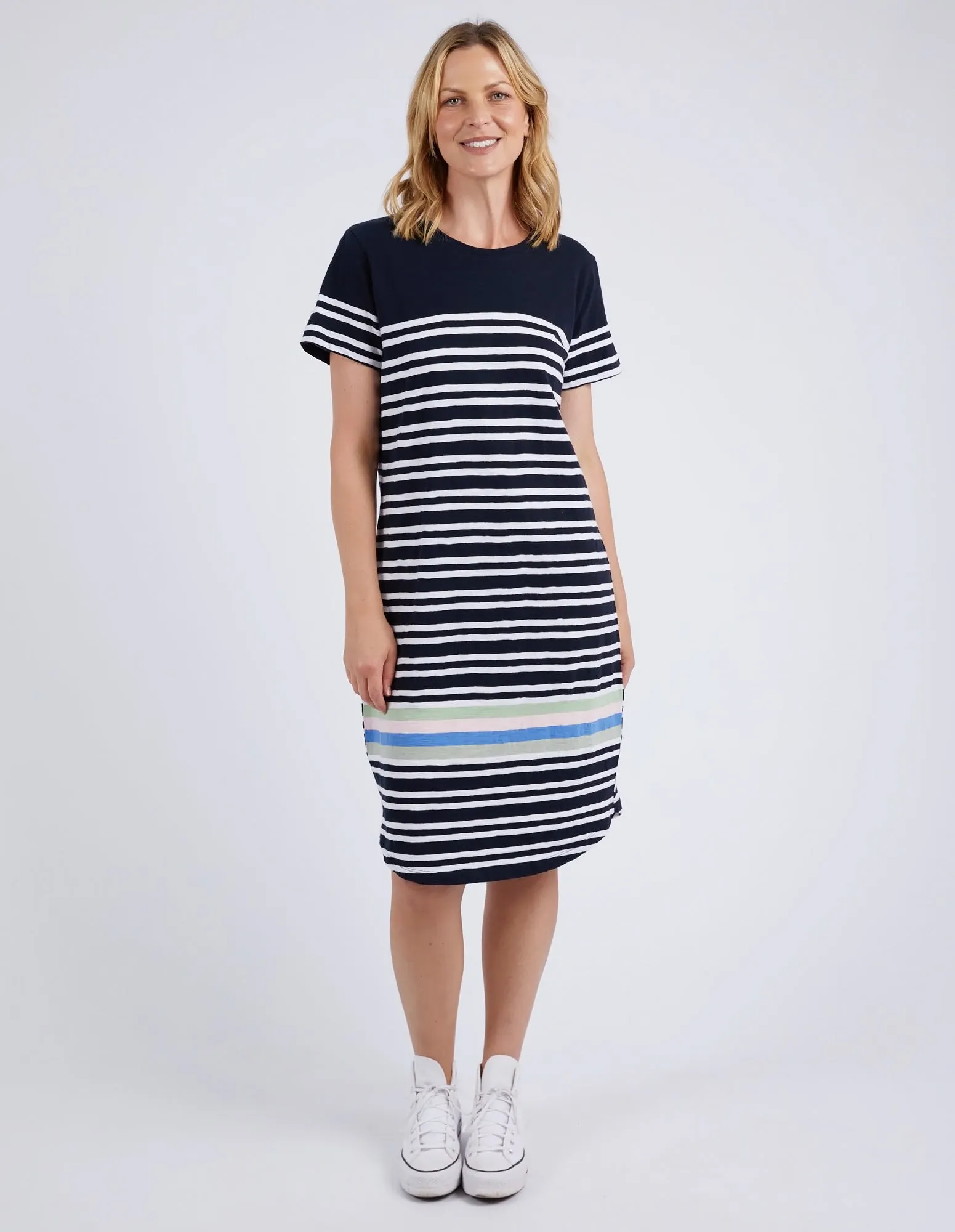 Elm Aligner Tee Dress Navy and White Stripe