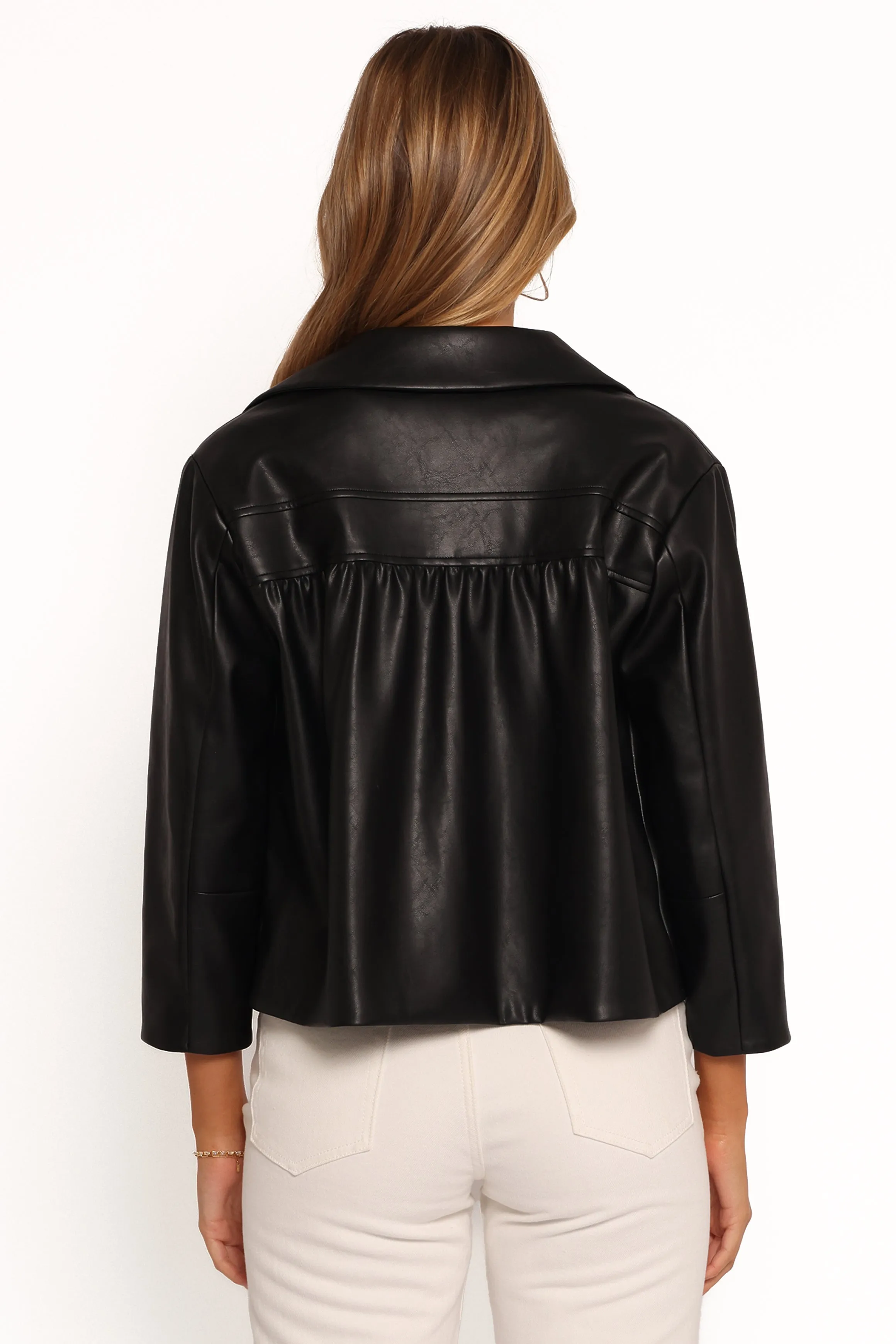 Evora Faux Leather Button Front Jacket - Black