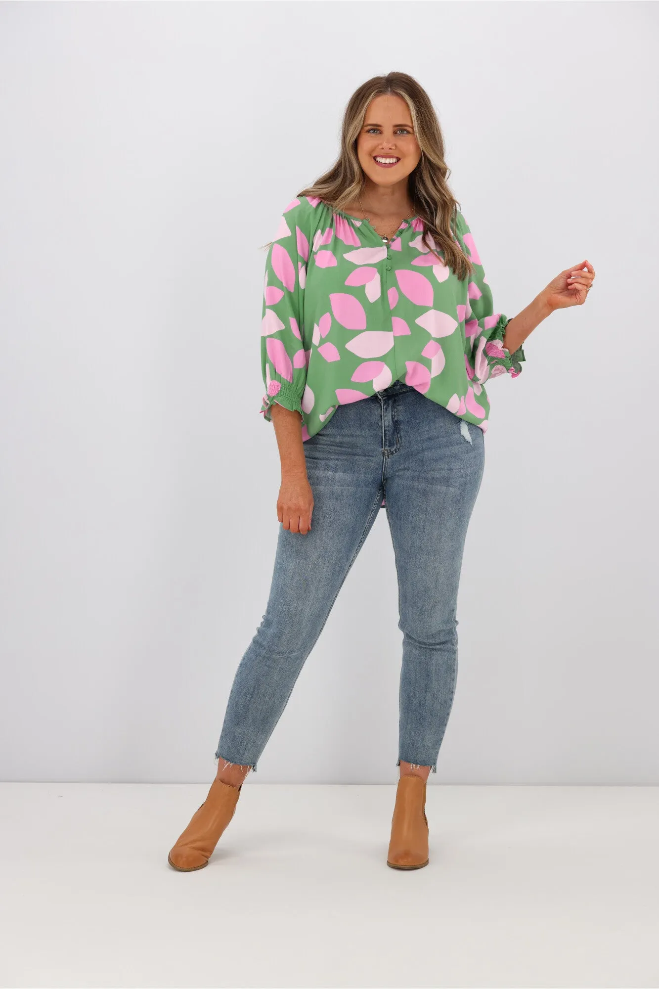 Fria Cleo Amora Half Open Neck Top Green