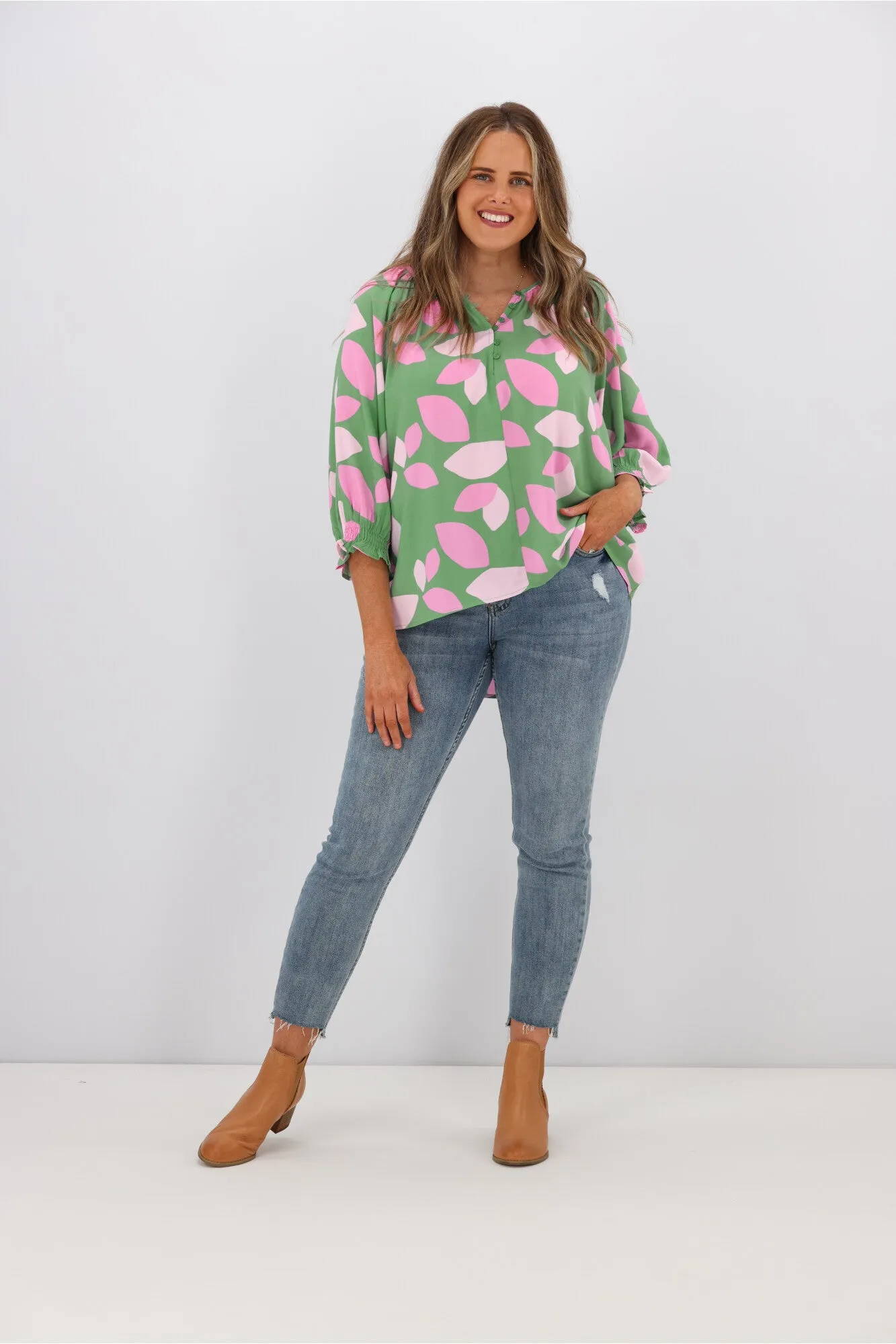 Fria Cleo Amora Half Open Neck Top Green