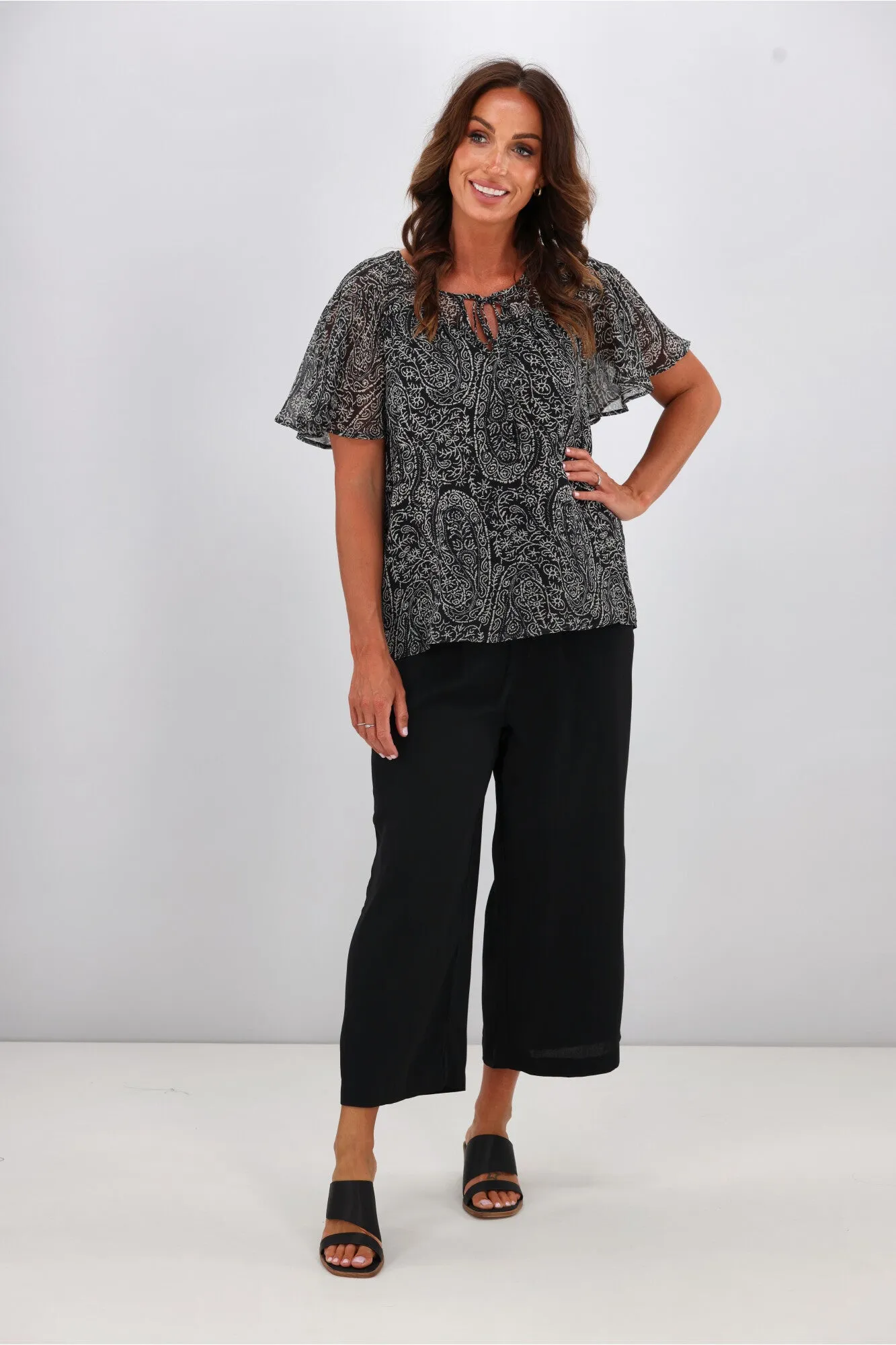 Gloss by Shine On Hilda Yoke Tie Top Black Line Print