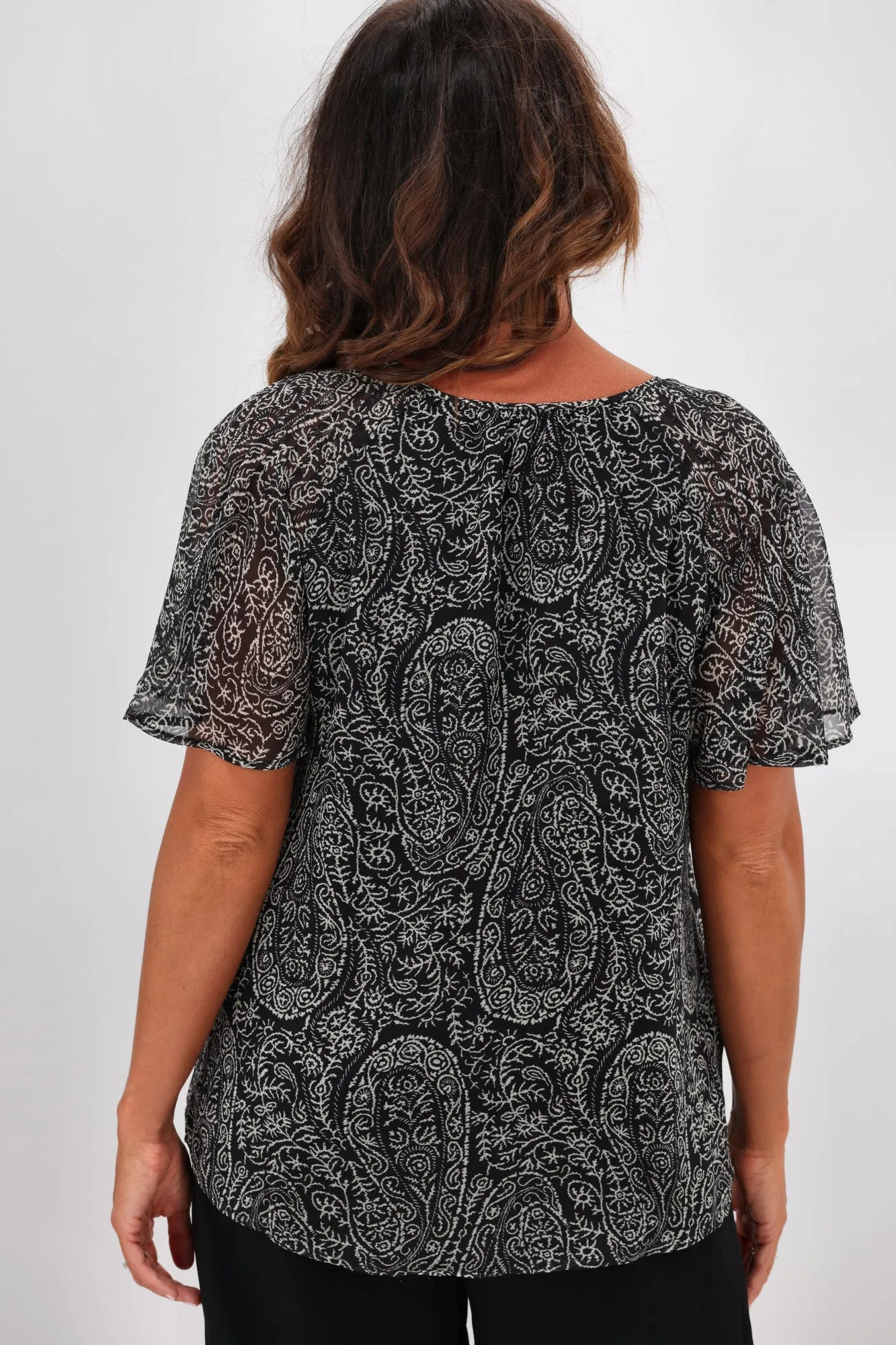 Gloss by Shine On Hilda Yoke Tie Top Black Line Print