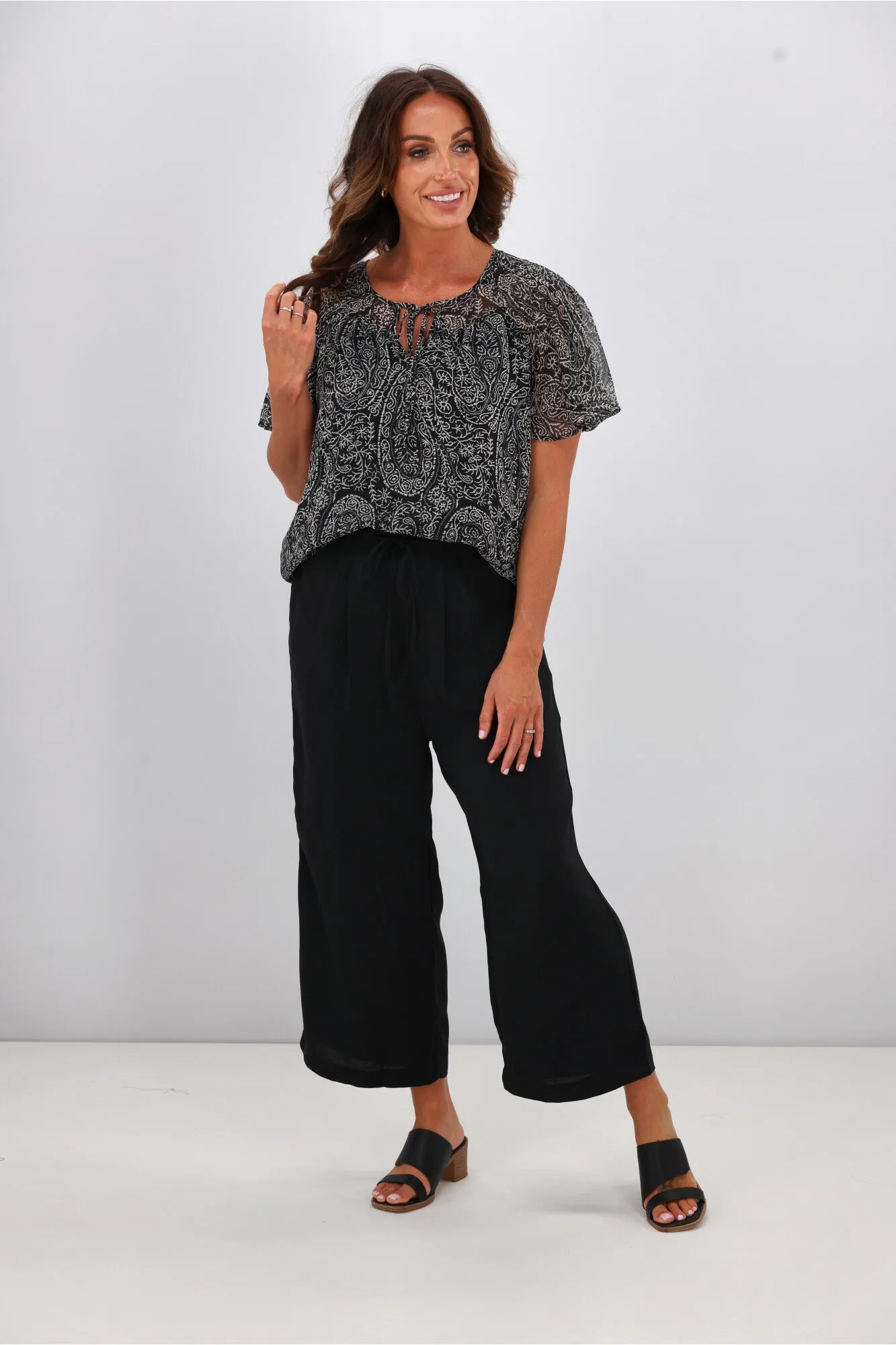 Gloss by Shine On Hilda Yoke Tie Top Black Line Print
