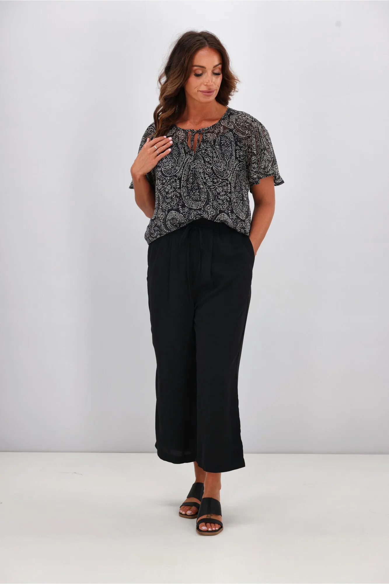 Gloss by Shine On Hilda Yoke Tie Top Black Line Print