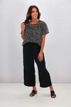 Gloss by Shine On Hilda Yoke Tie Top Black Line Print