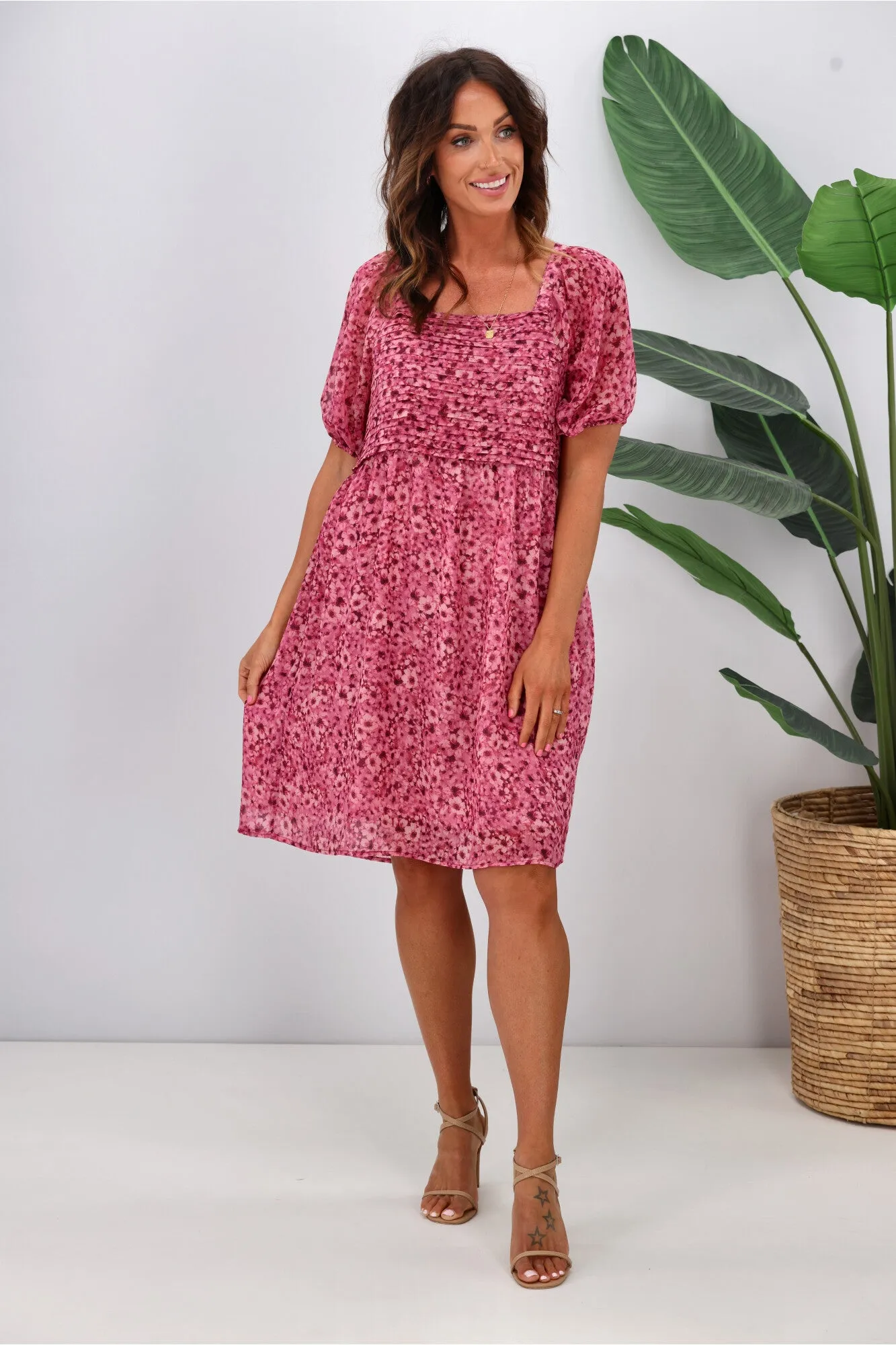 Gloss by Shine On Ilaria Pintuck Detail Dress Pink Floral