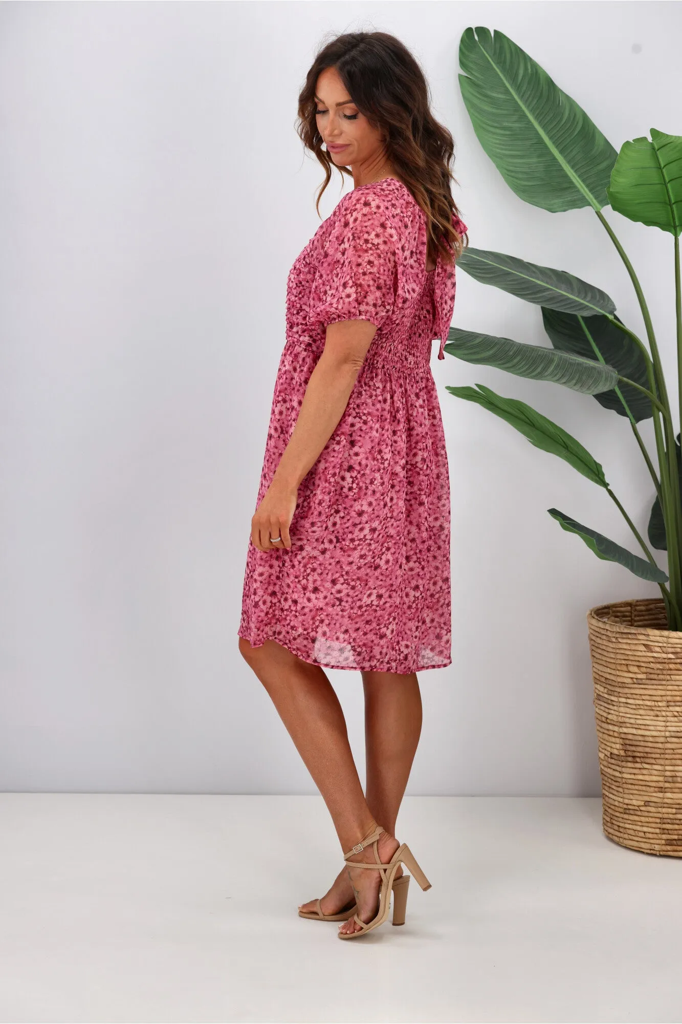 Gloss by Shine On Ilaria Pintuck Detail Dress Pink Floral