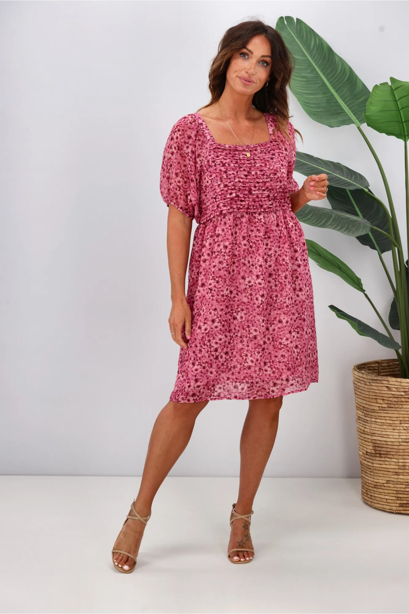 Gloss by Shine On Ilaria Pintuck Detail Dress Pink Floral