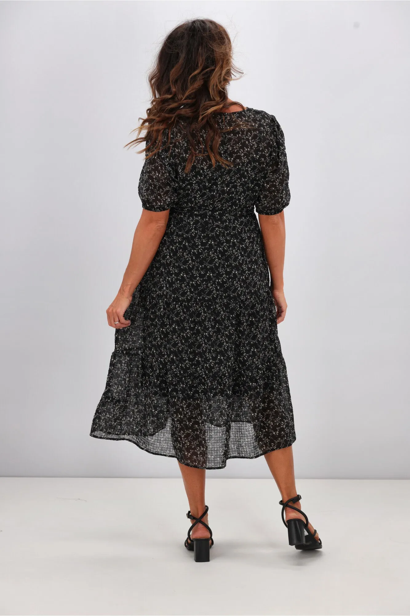 Gloss by Shine On Kaylee Puffed Sleeve Dress Check Floral Chiffon Black