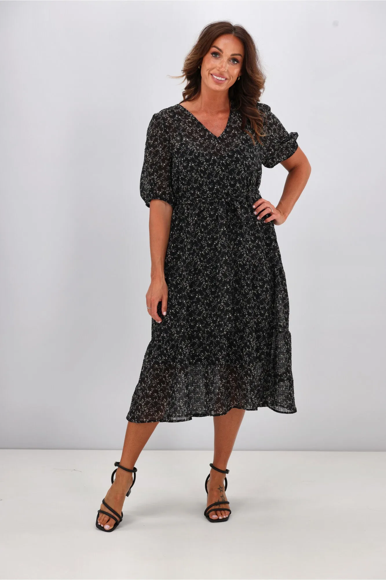 Gloss by Shine On Kaylee Puffed Sleeve Dress Check Floral Chiffon Black