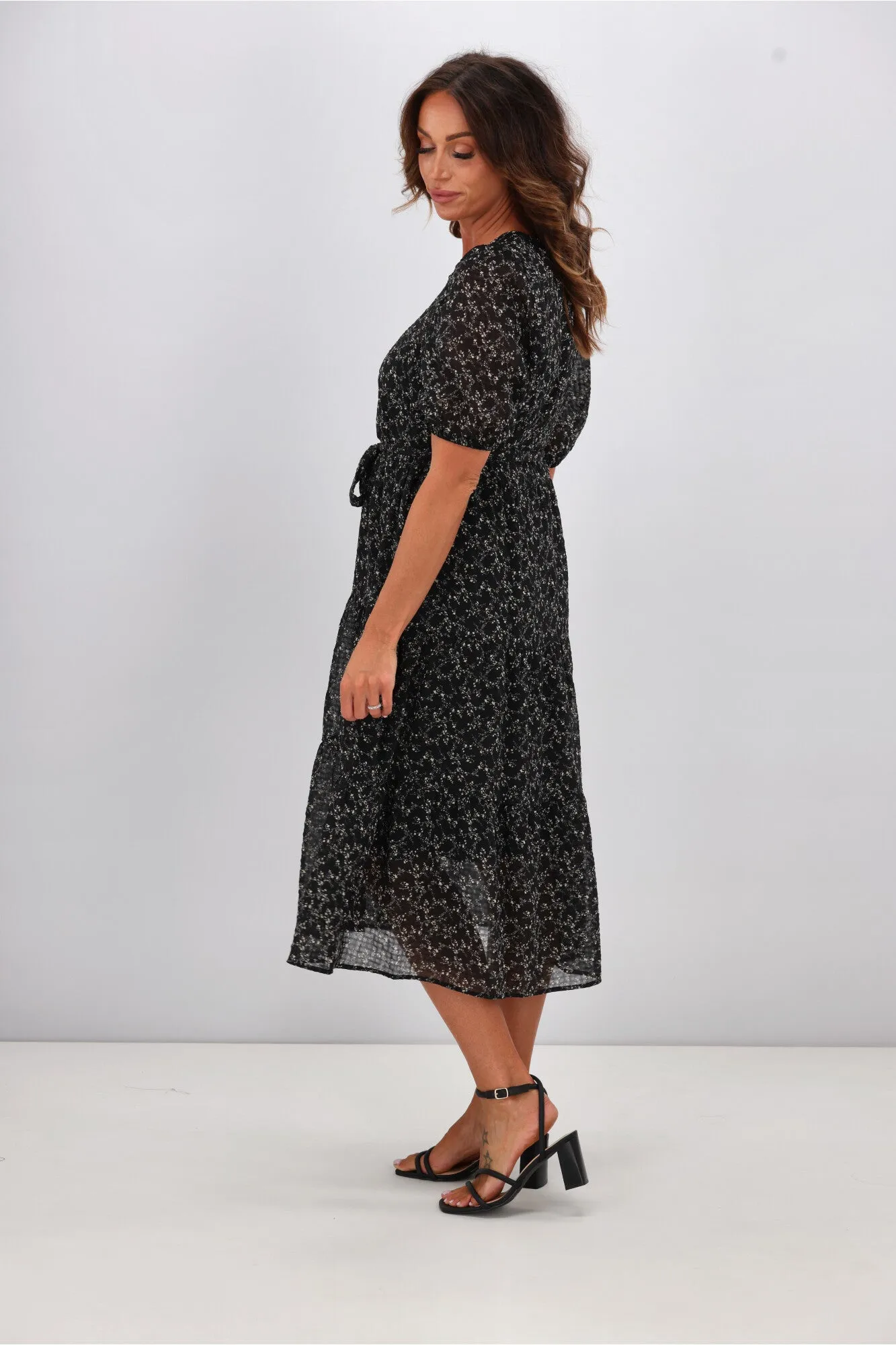 Gloss by Shine On Kaylee Puffed Sleeve Dress Check Floral Chiffon Black