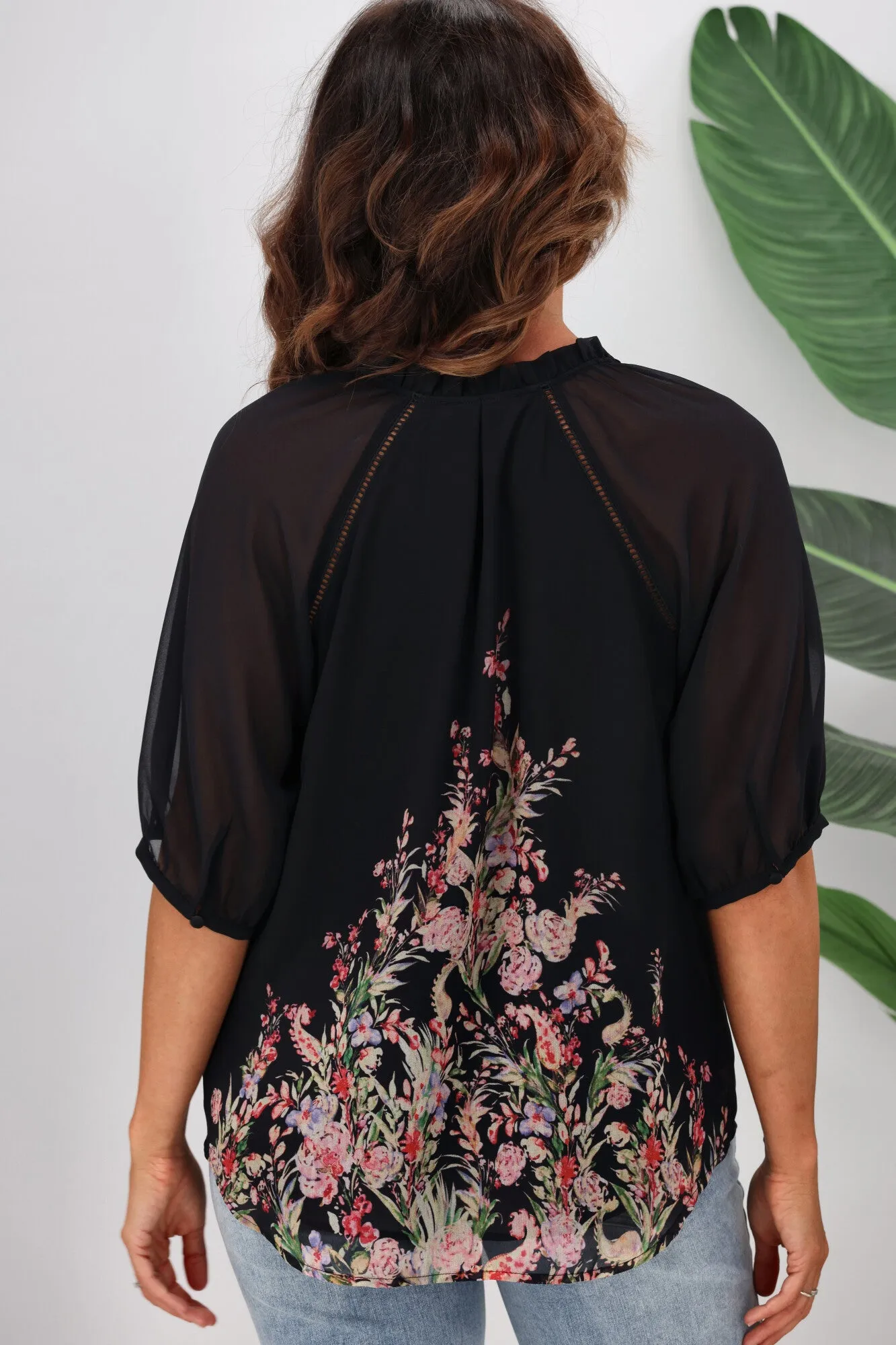 Jane James Stacey Ladder Lace Detail Blouse Midnight Border Print
