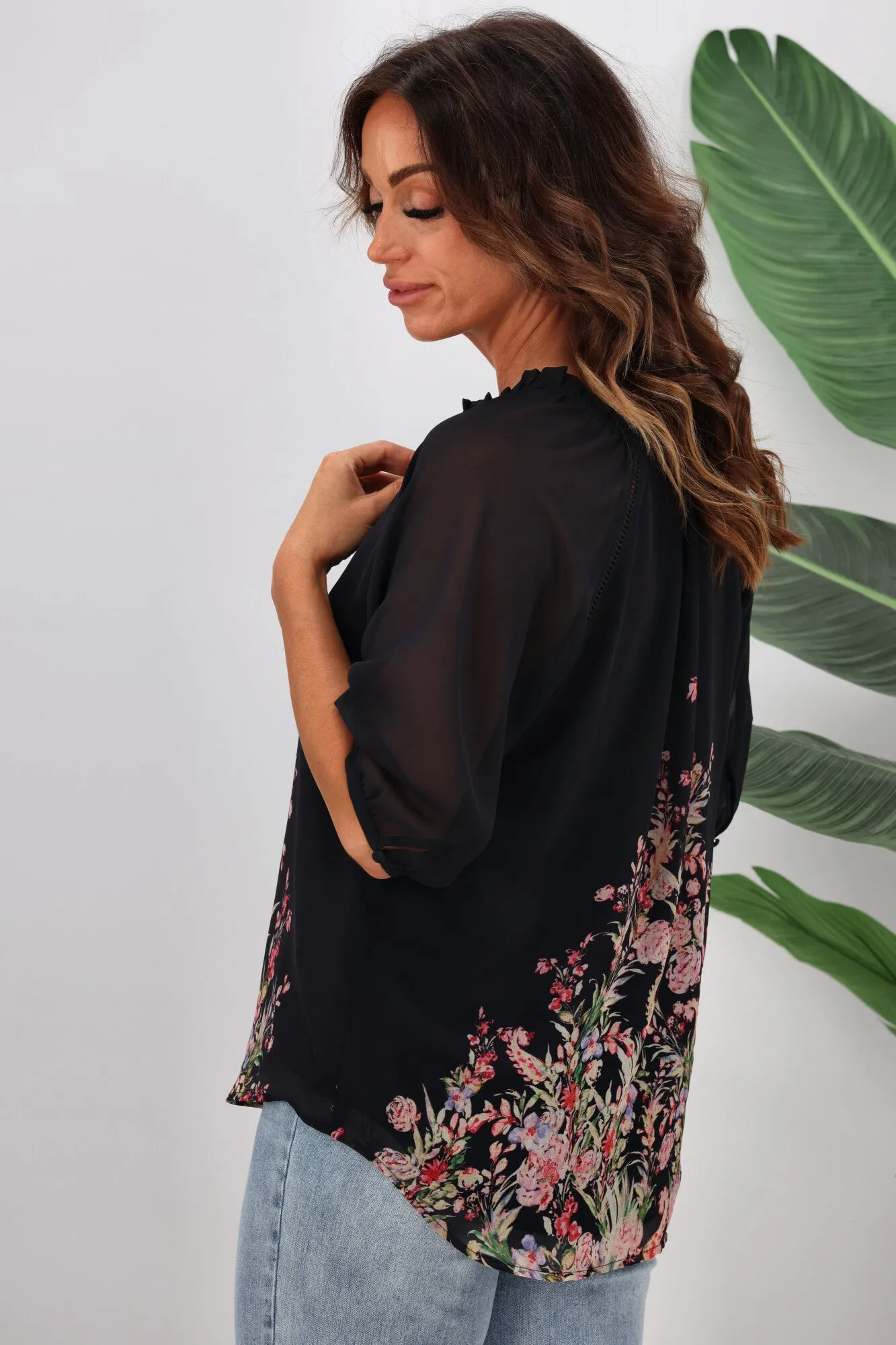 Jane James Stacey Ladder Lace Detail Blouse Midnight Border Print