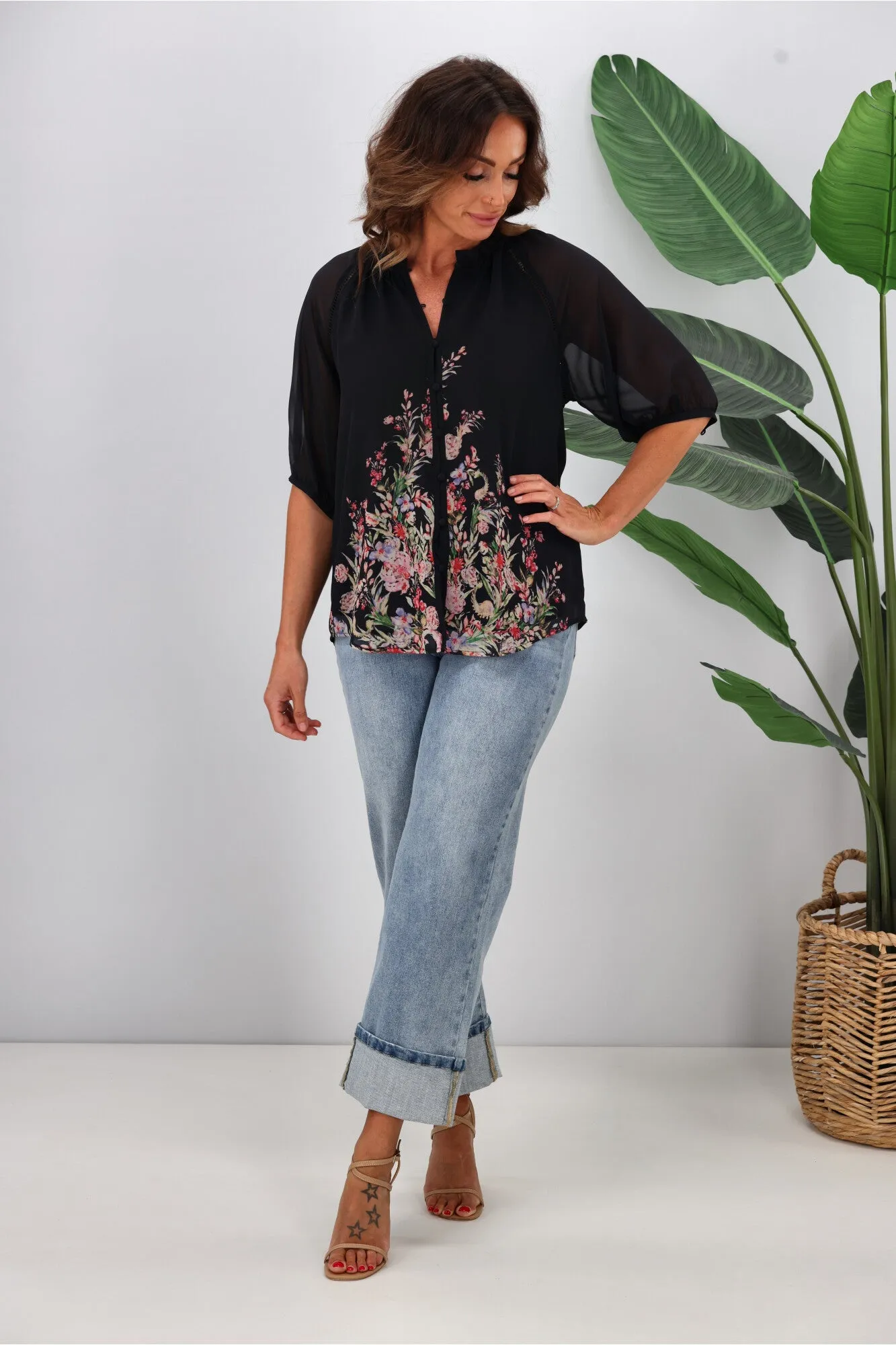 Jane James Stacey Ladder Lace Detail Blouse Midnight Border Print