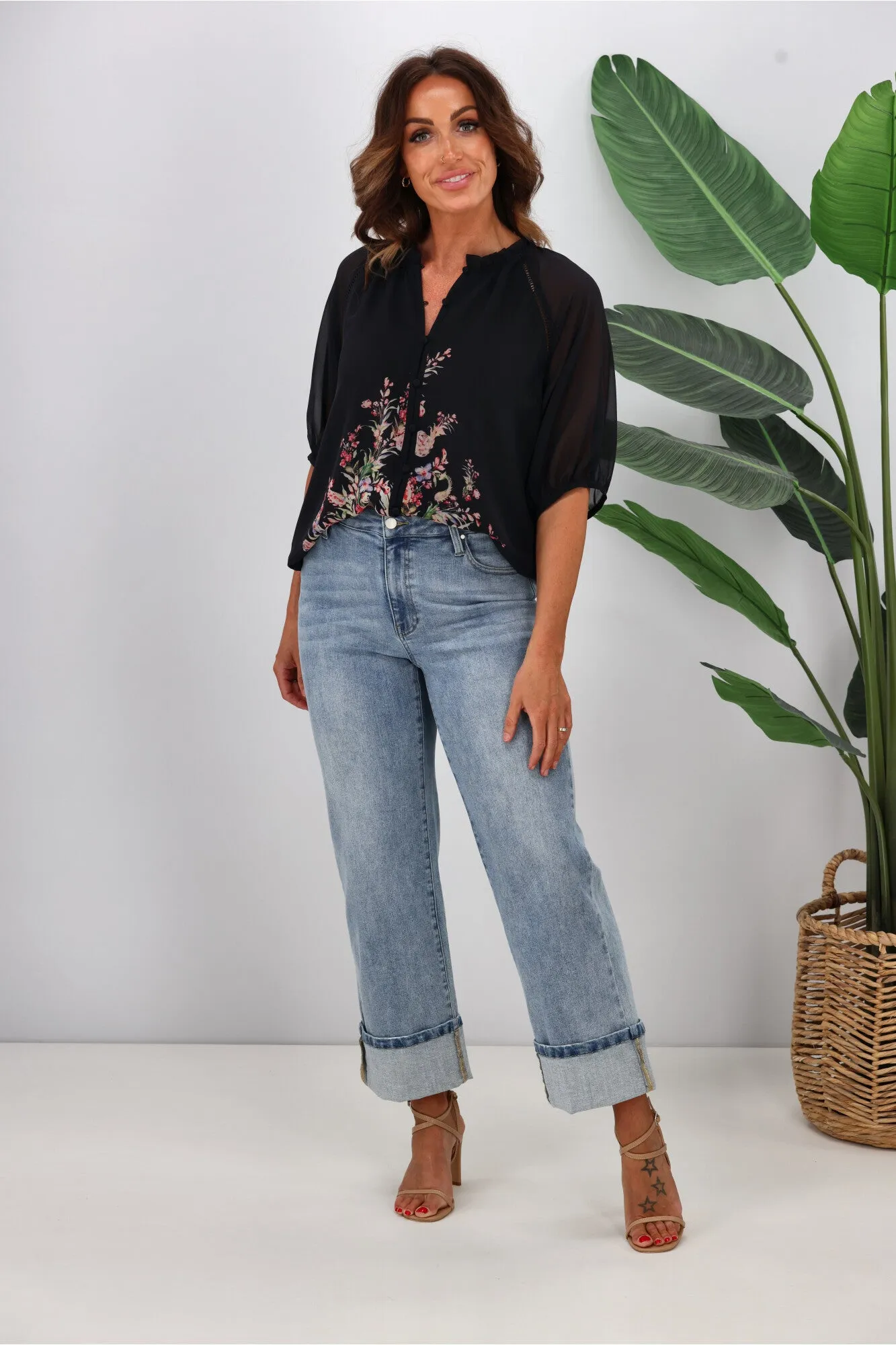 Jane James Stacey Ladder Lace Detail Blouse Midnight Border Print