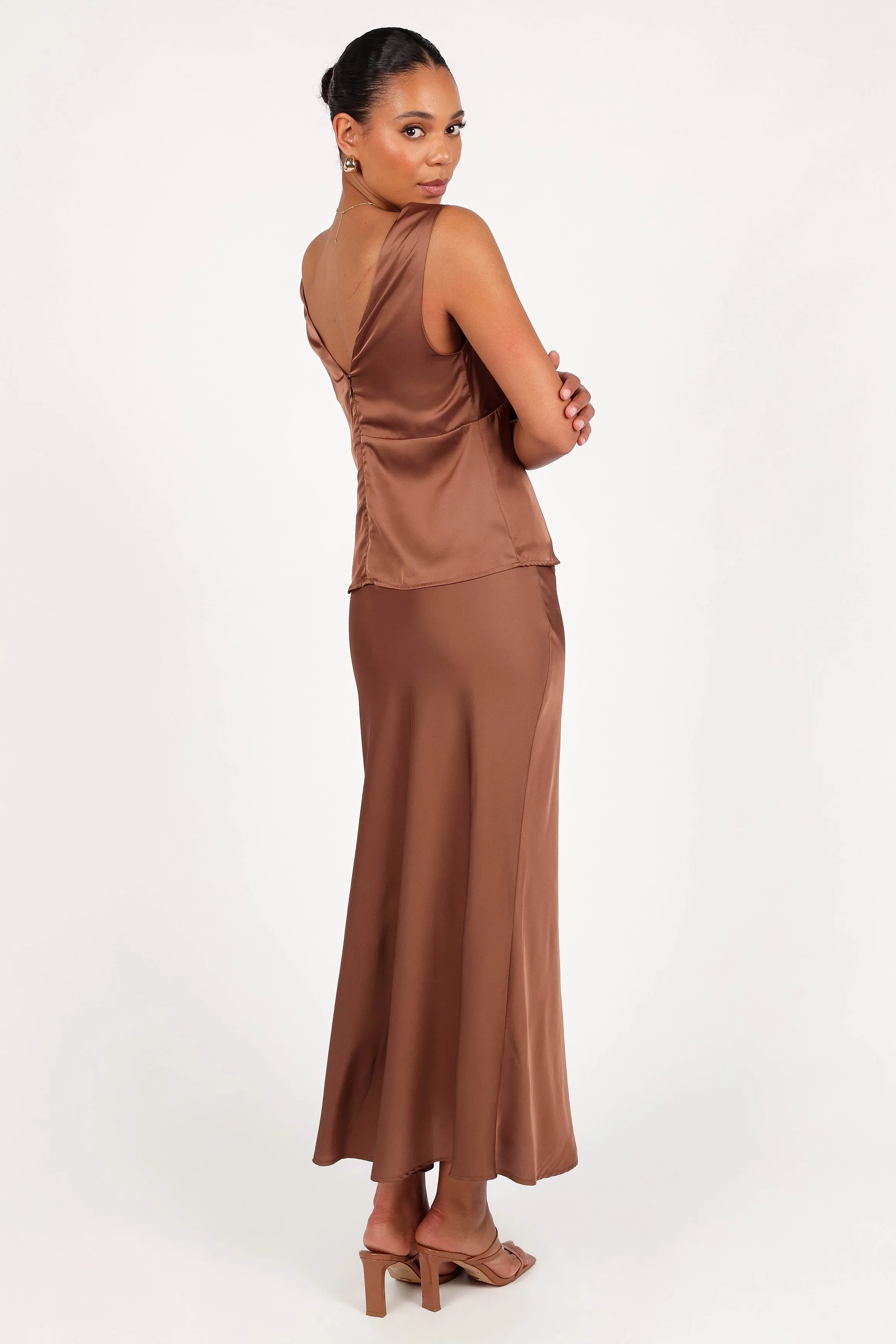 Nellie Satin Midi Skirt - Banksia Brown