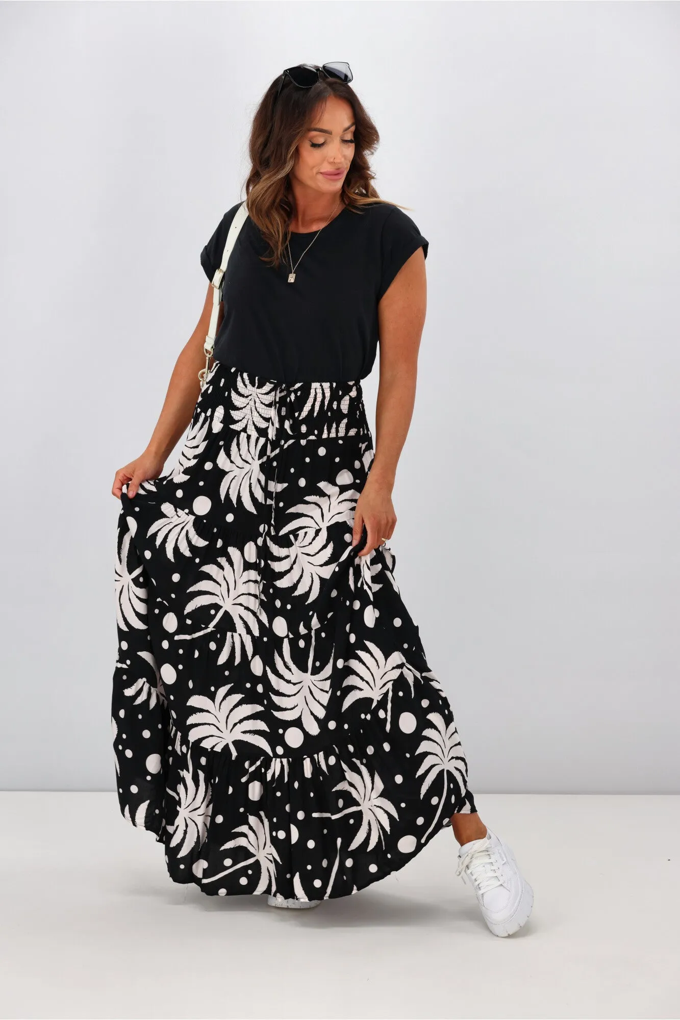 New U Collection Black Palm Tree Maxi Skirt