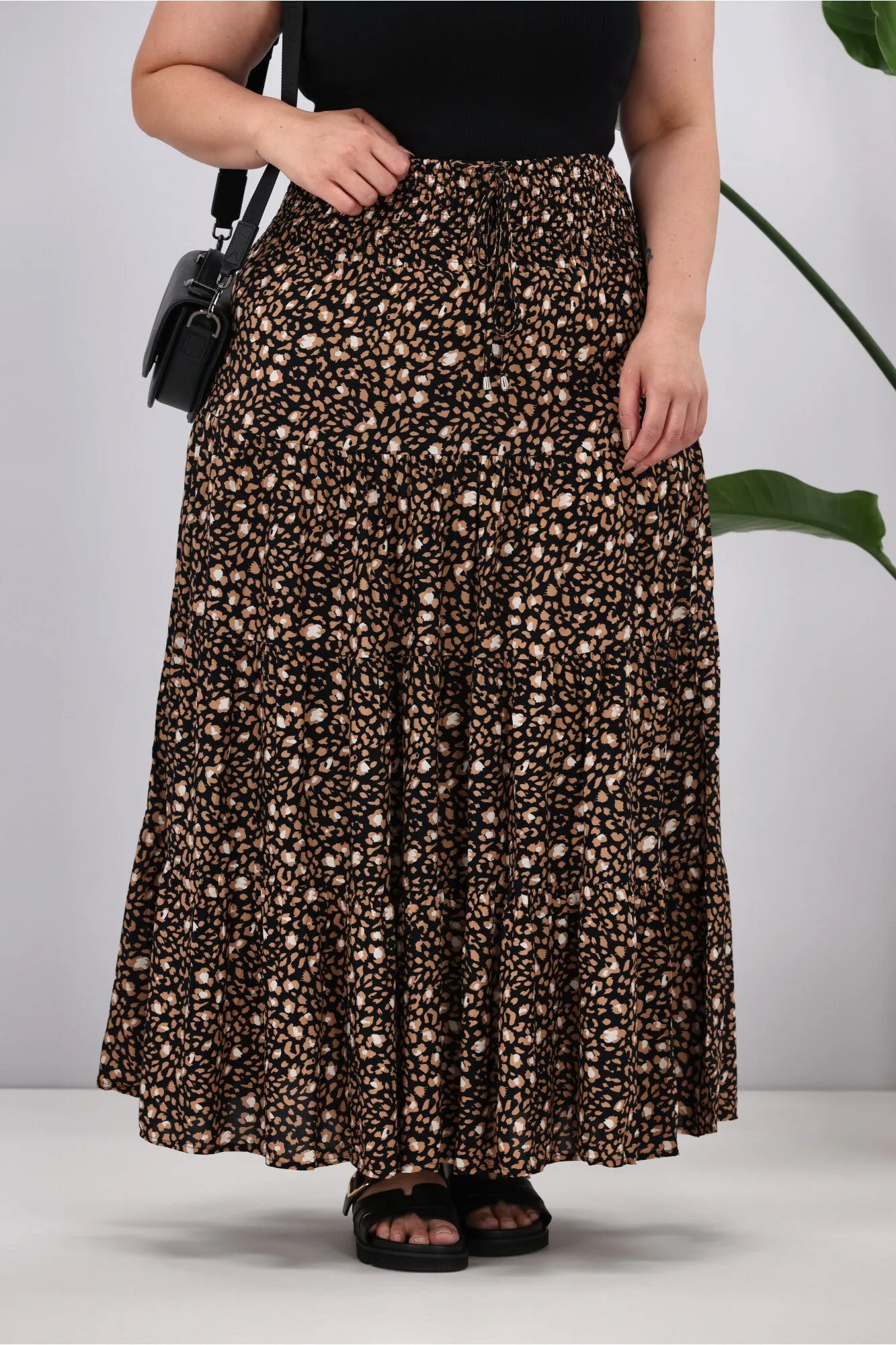 New U Collection Leopard Tan Black Maxi Skirt