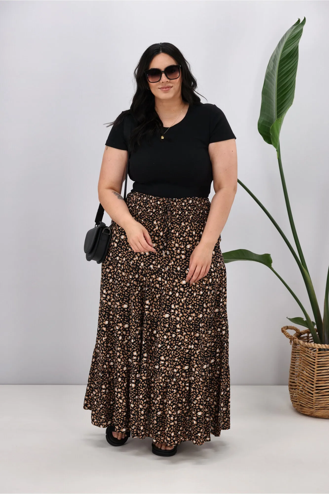 New U Collection Leopard Tan Black Maxi Skirt