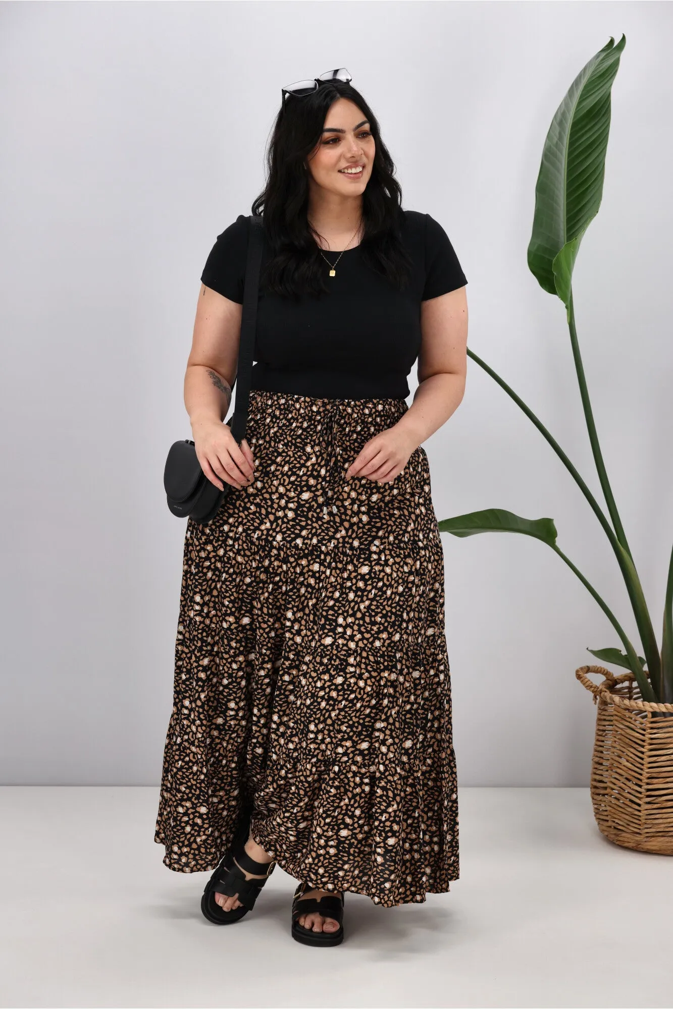 New U Collection Leopard Tan Black Maxi Skirt