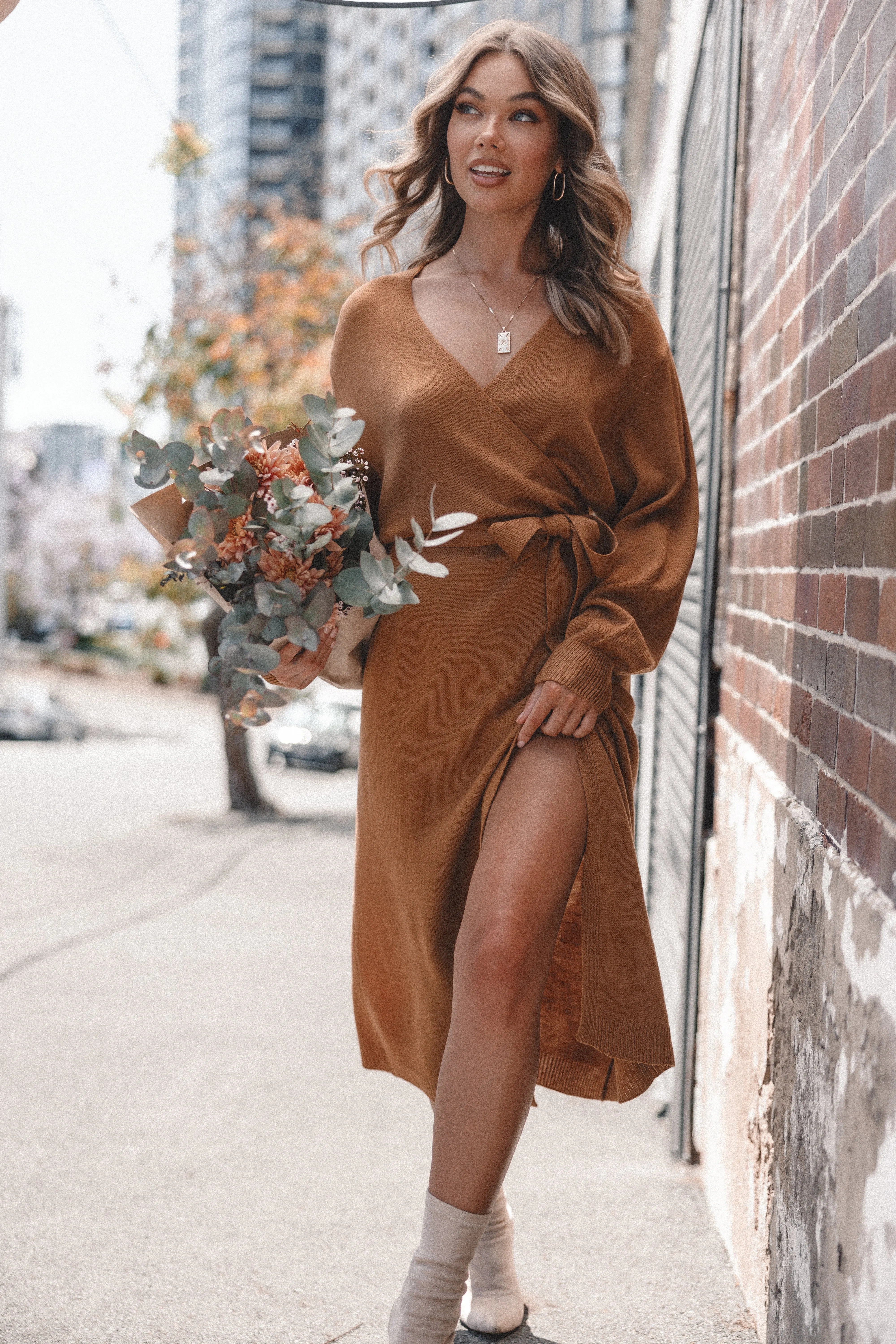 Nova Wrap Knit Midi Dress - Camel