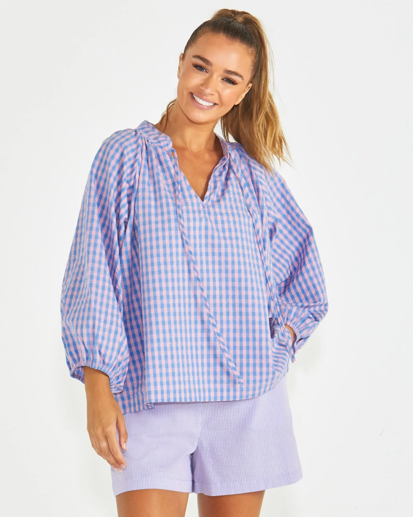 Sass Phillipa Top Blue Pink Gingham