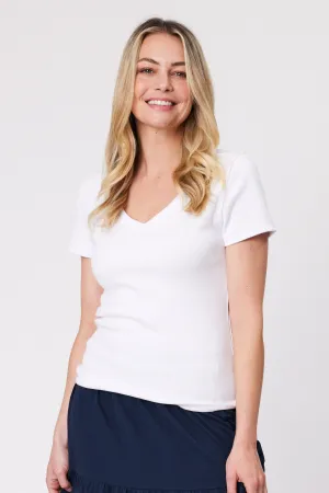 Shine On Essentials Rib V Neck Tee White