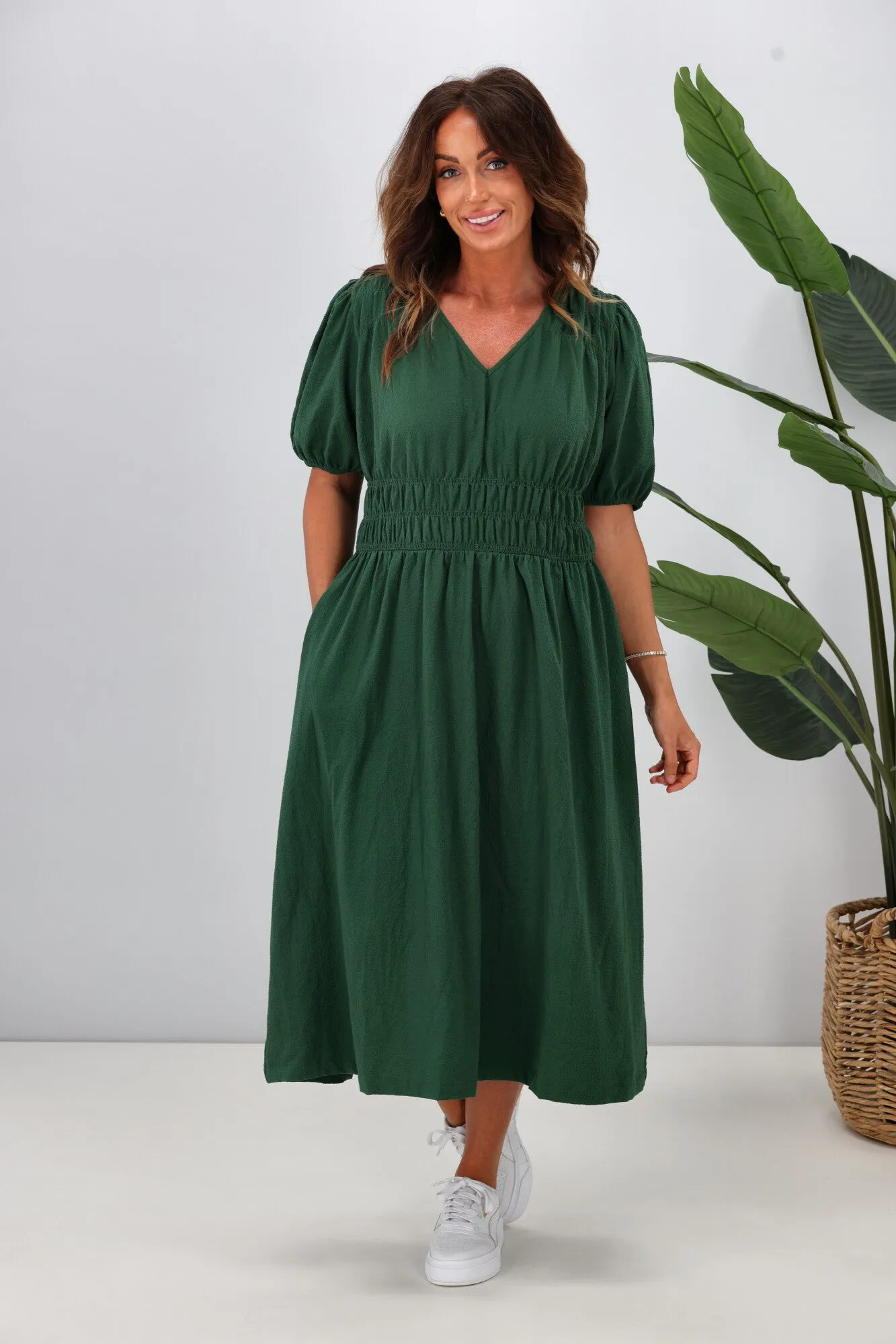Shine On Label Ishana Shirring Detail Dress Green