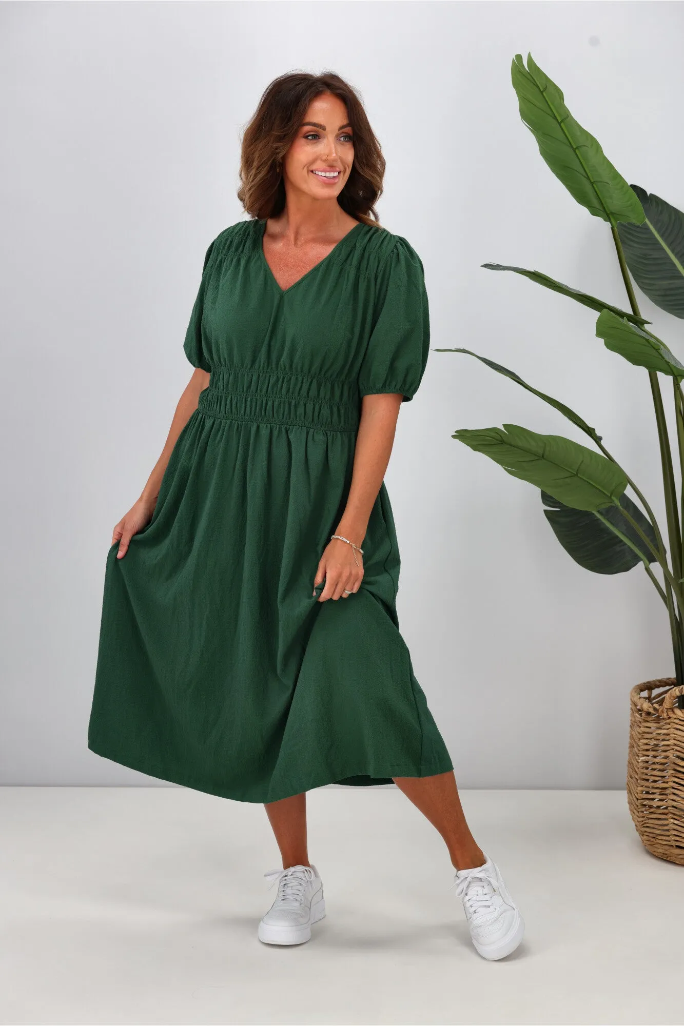 Shine On Label Ishana Shirring Detail Dress Green