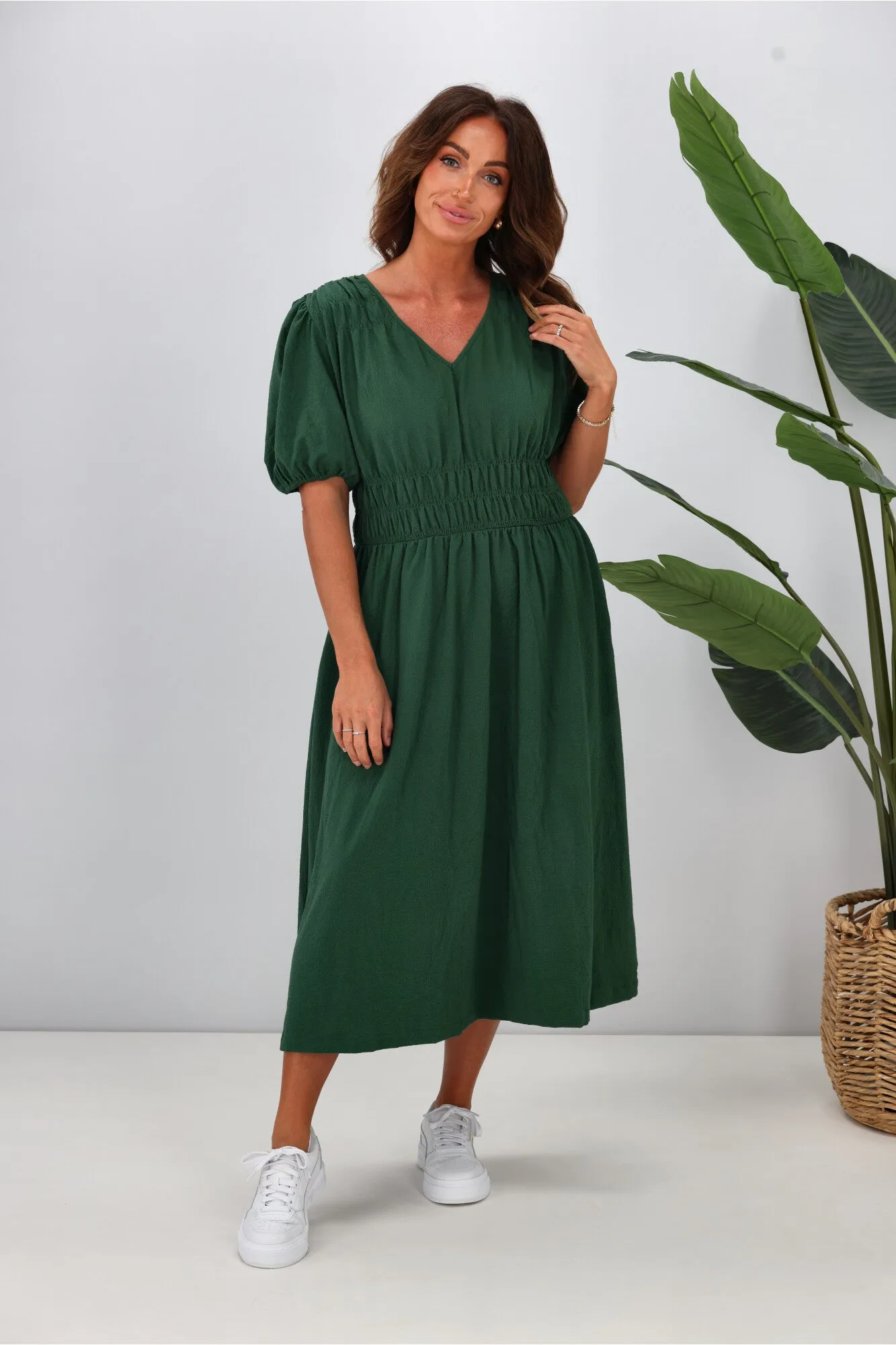 Shine On Label Ishana Shirring Detail Dress Green