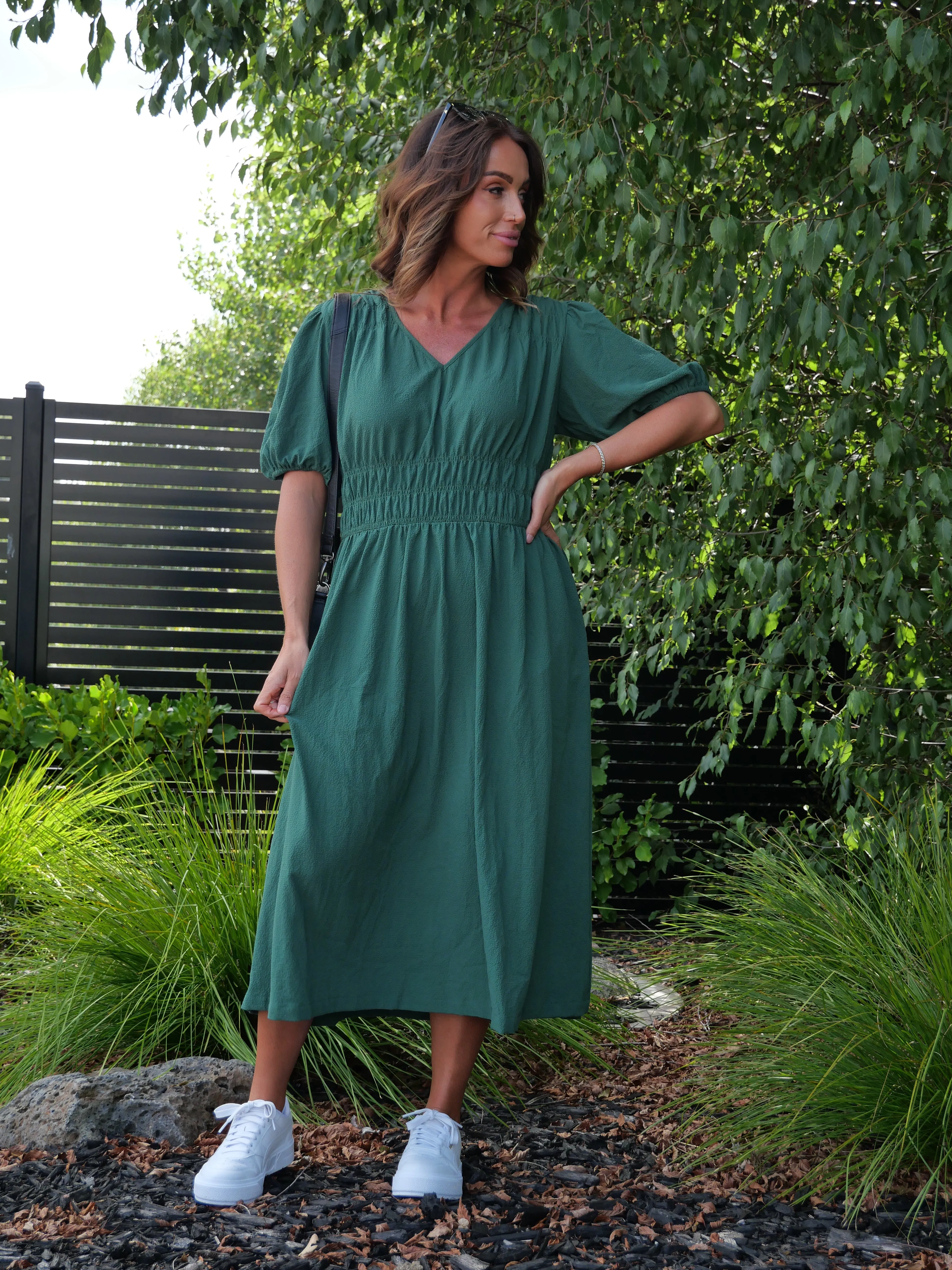 Shine On Label Ishana Shirring Detail Dress Green