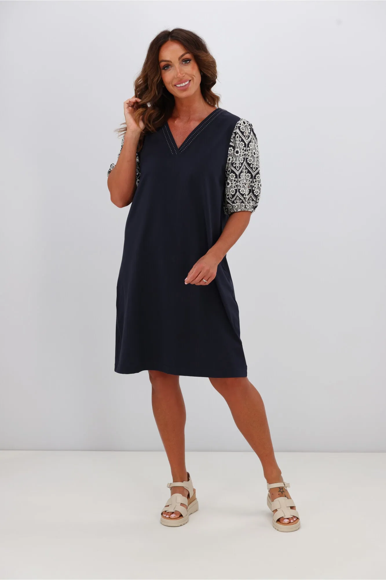 Shine On Label Maxine Broderie Sleeve Dress Midnight