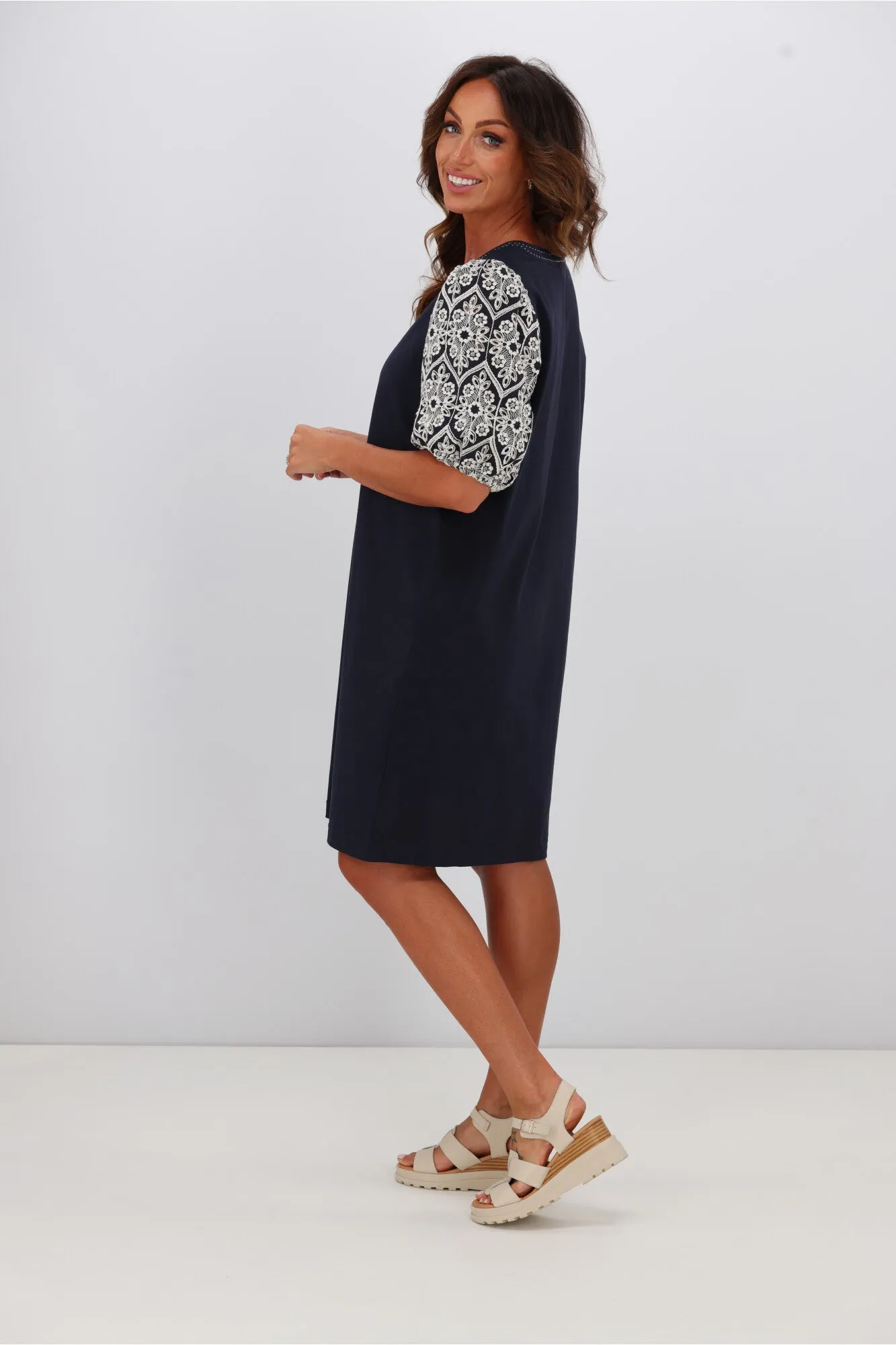 Shine On Label Maxine Broderie Sleeve Dress Midnight