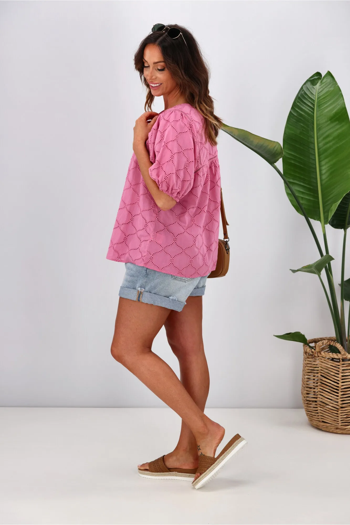 Shine On Label Misty Lace Insert Top Pink Broiderie