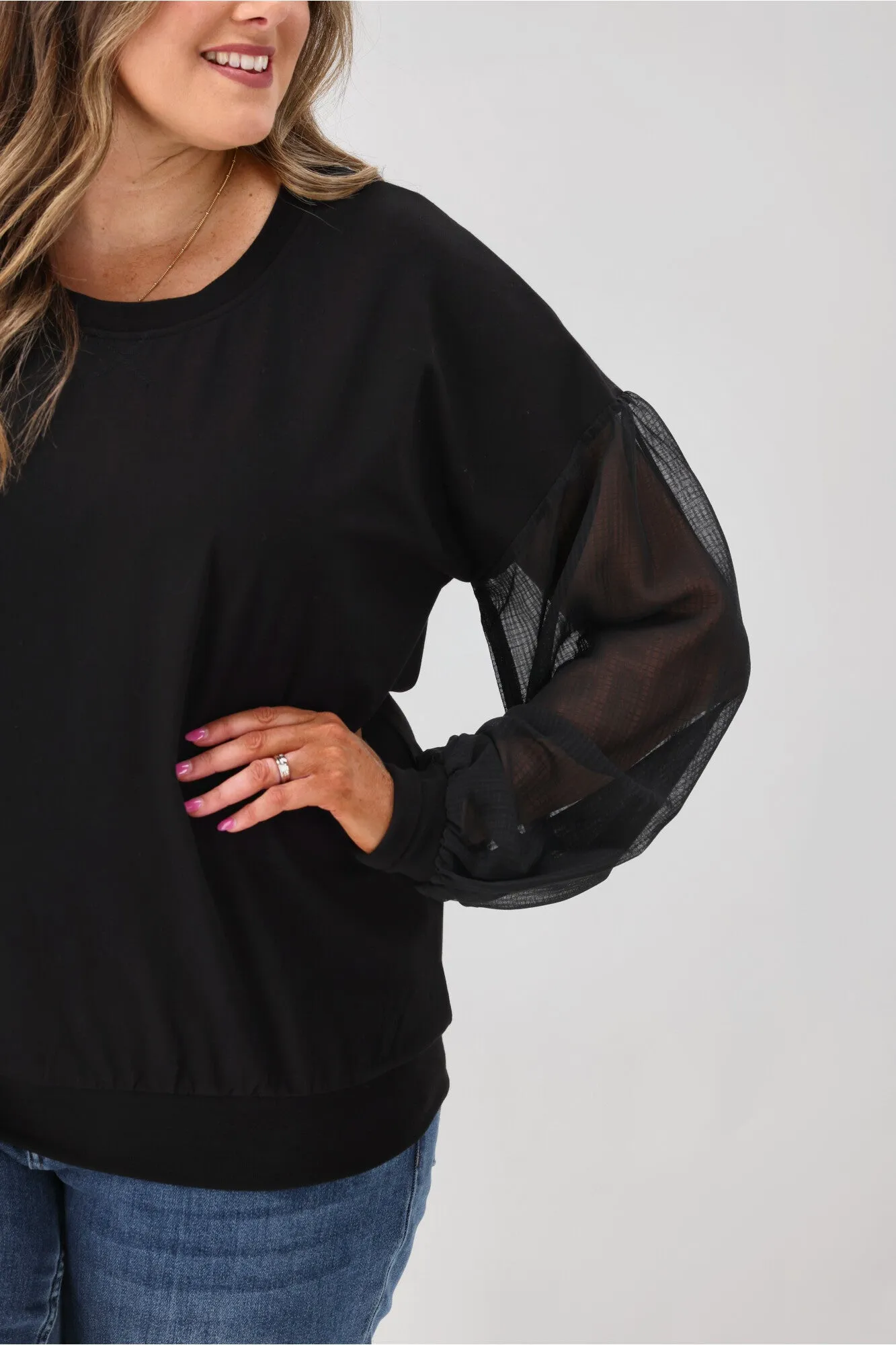 Shine On label Reese Sheer Sleeve Top Black Check