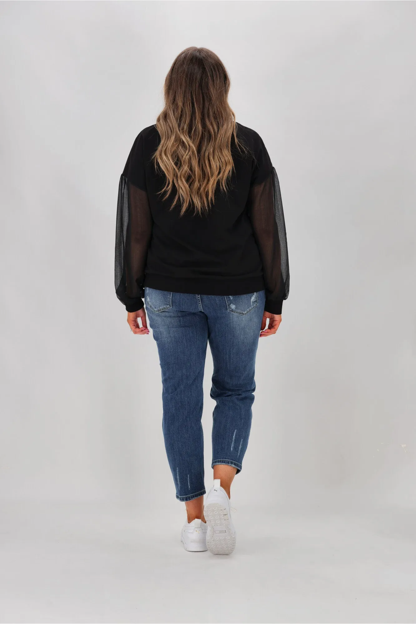 Shine On label Reese Sheer Sleeve Top Black Check