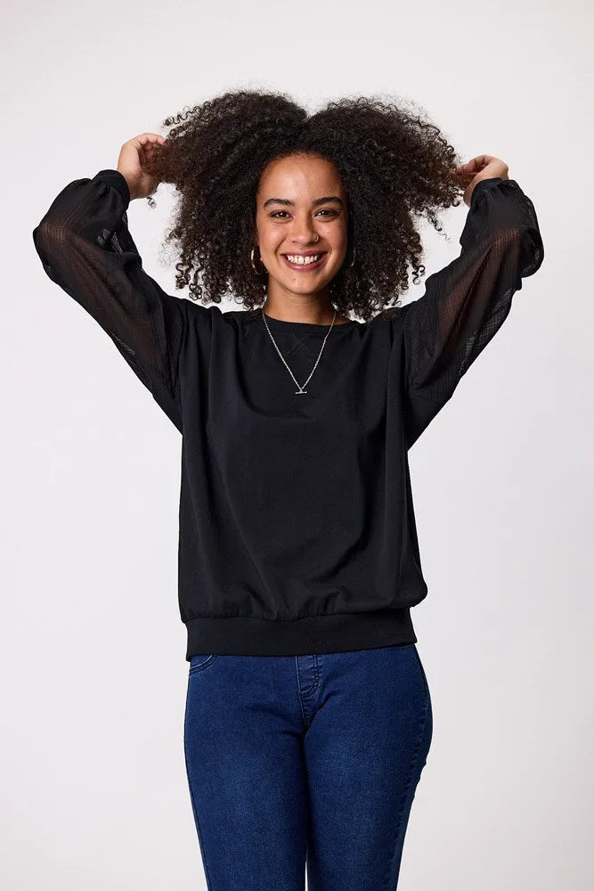 Shine On label Reese Sheer Sleeve Top Black Check