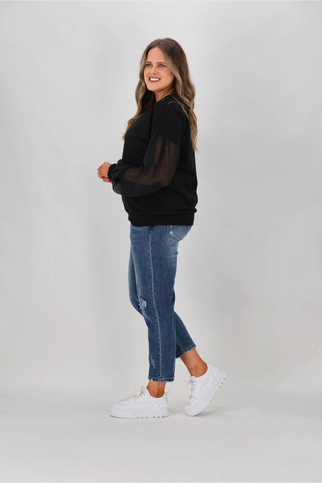 Shine On label Reese Sheer Sleeve Top Black Check