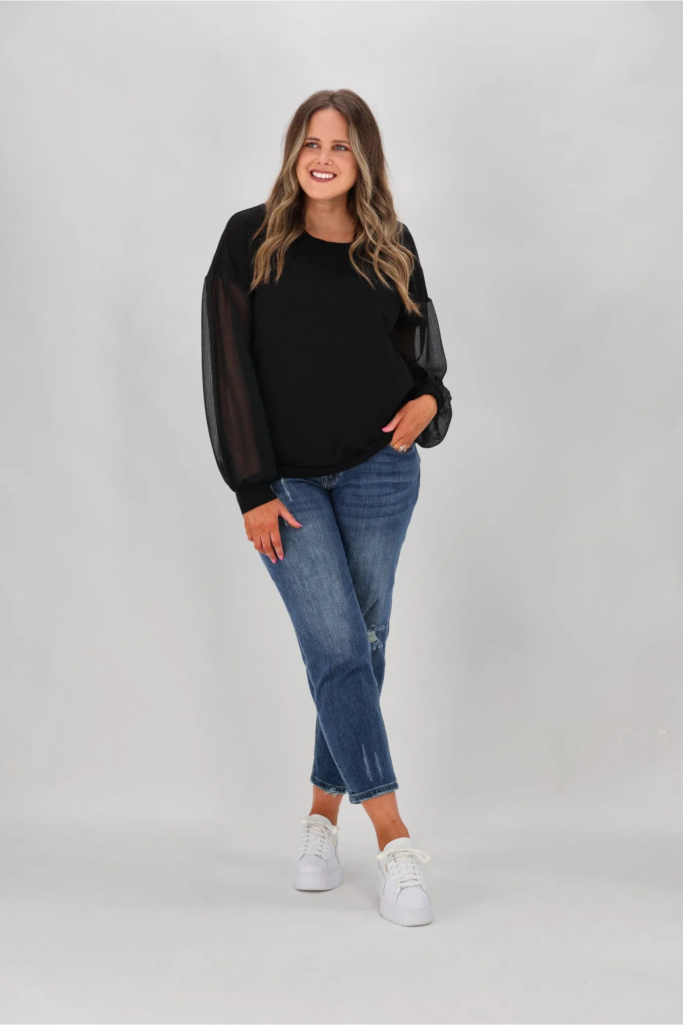 Shine On label Reese Sheer Sleeve Top Black Check
