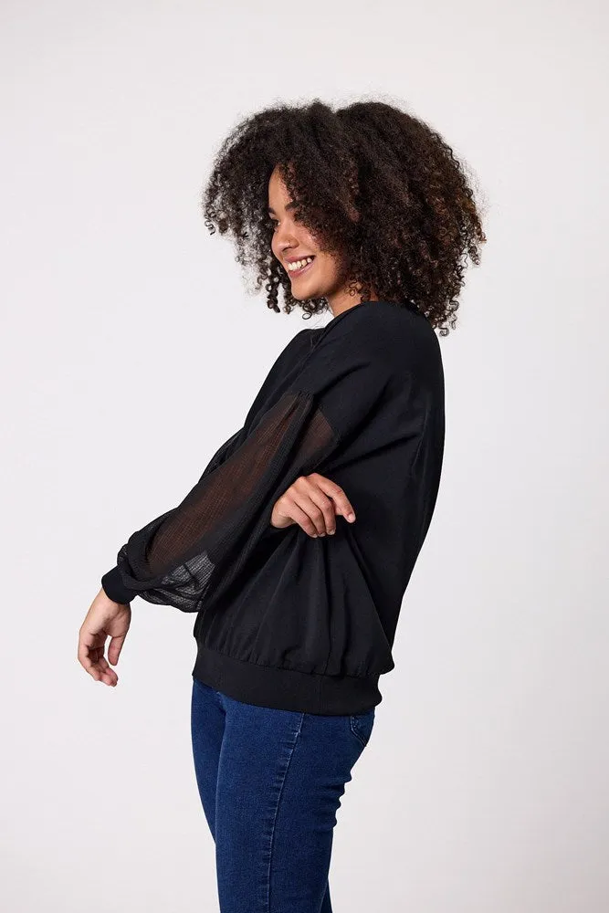 Shine On label Reese Sheer Sleeve Top Black Check
