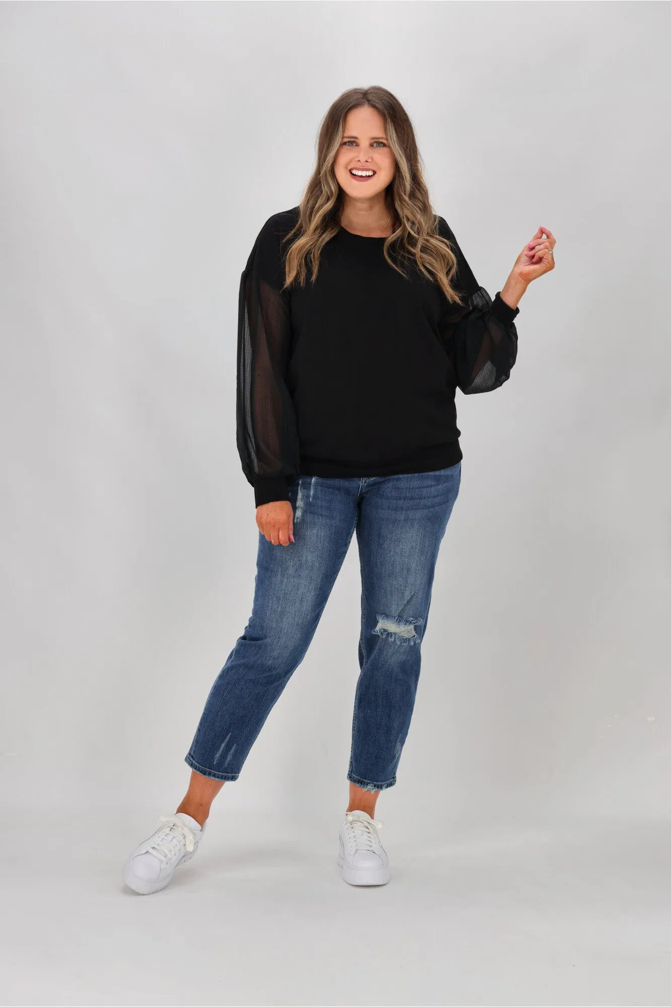Shine On label Reese Sheer Sleeve Top Black Check