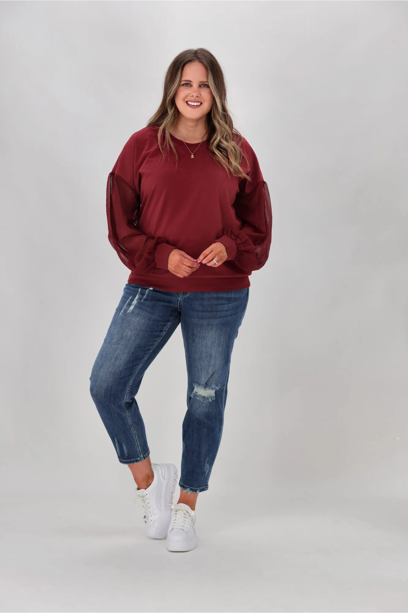 Shine On label Reese Sheer Sleeve Top Wine Check