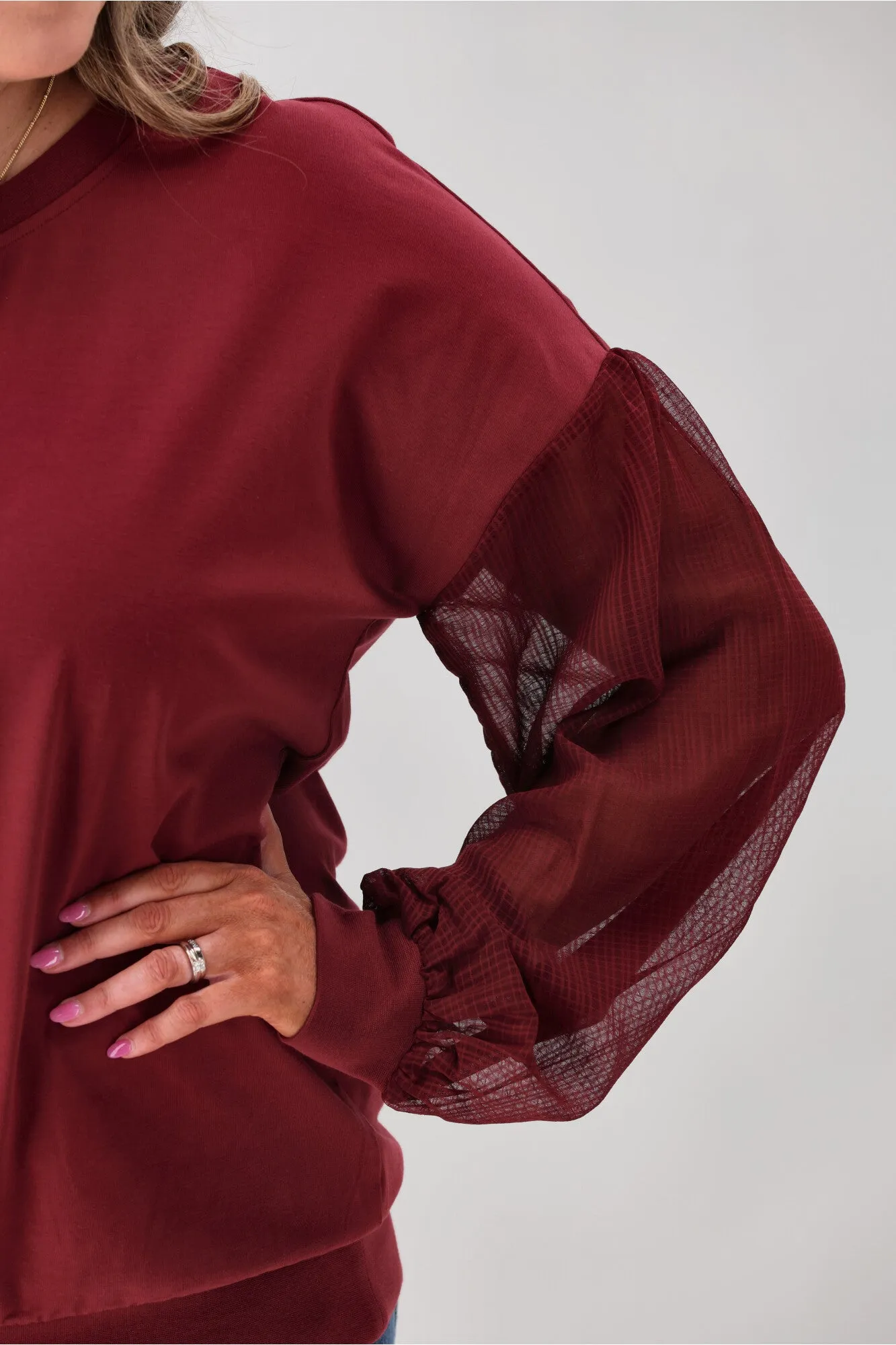 Shine On label Reese Sheer Sleeve Top Wine Check