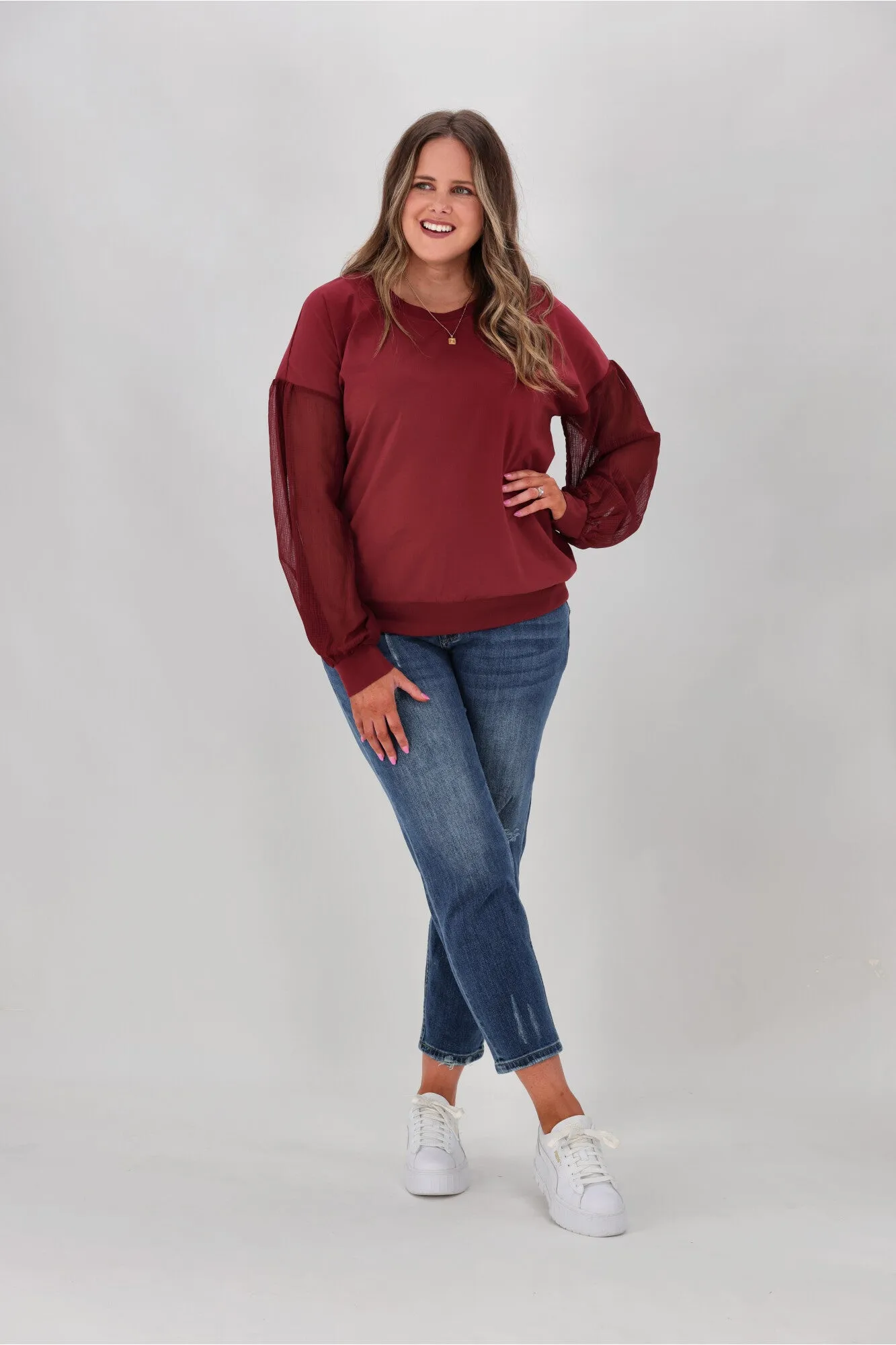 Shine On label Reese Sheer Sleeve Top Wine Check