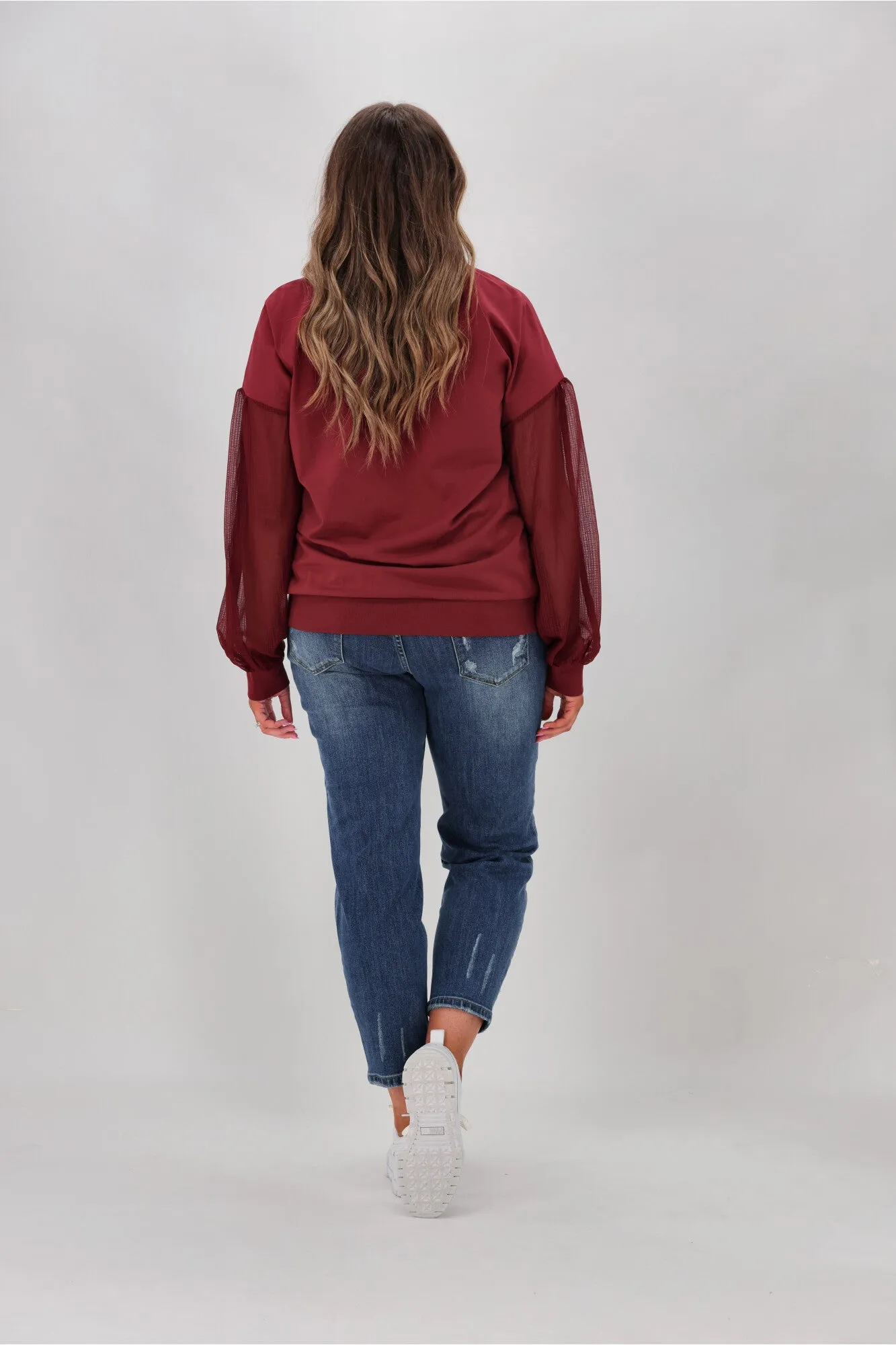 Shine On label Reese Sheer Sleeve Top Wine Check