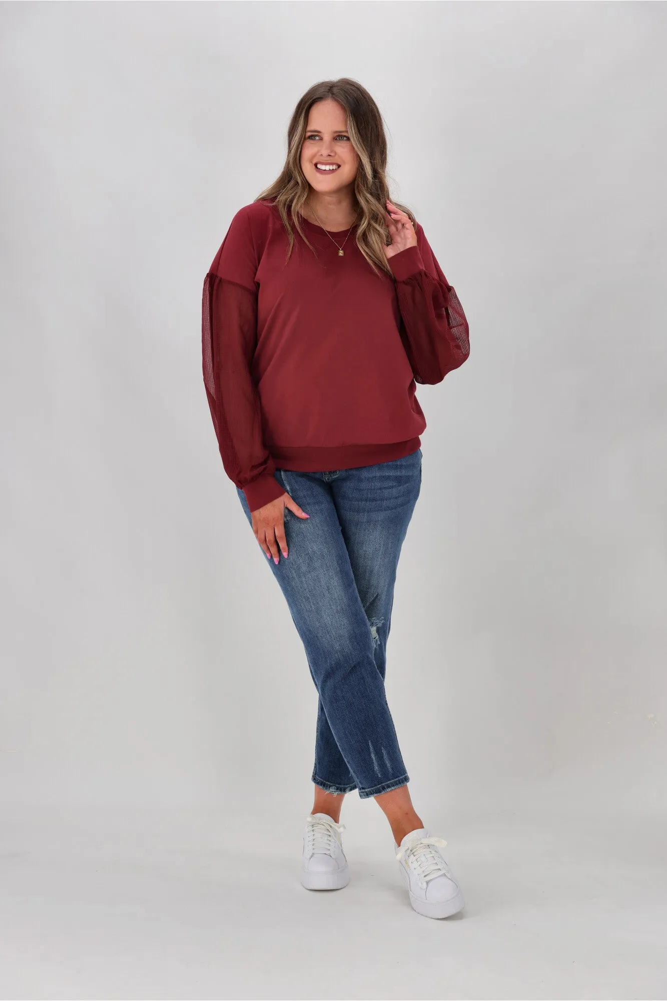 Shine On label Reese Sheer Sleeve Top Wine Check